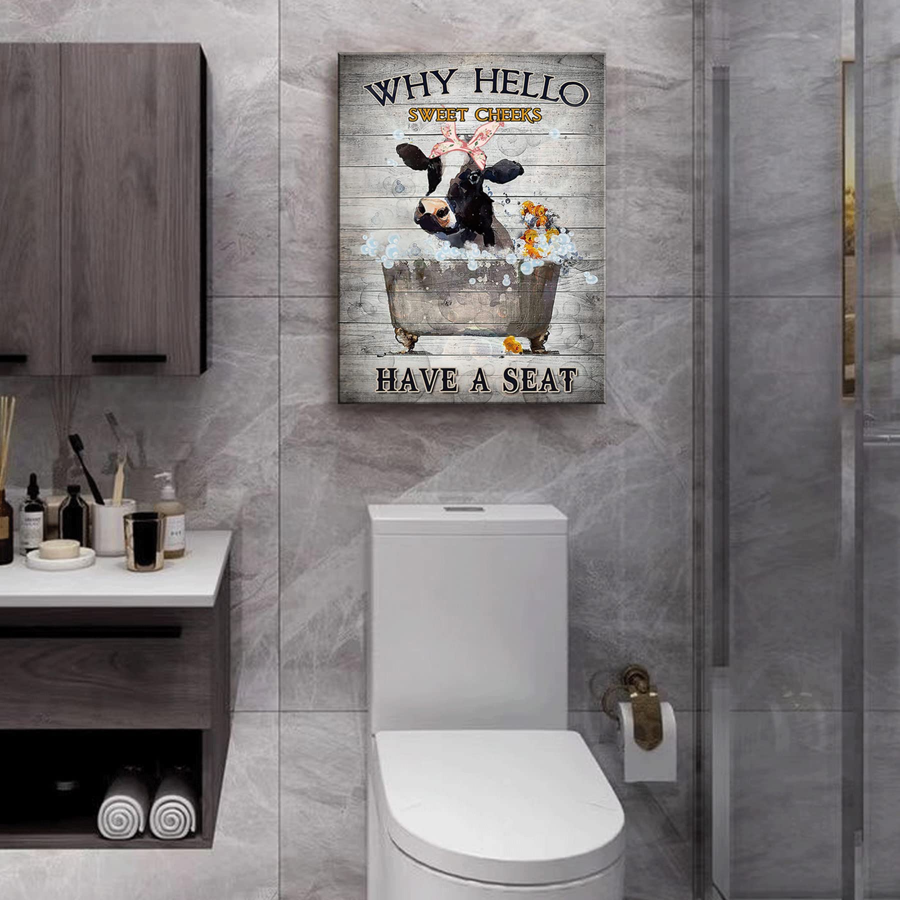 Funny Cow Bathroom Canvas Wall Art - Laundry Room Decor for Home & Office