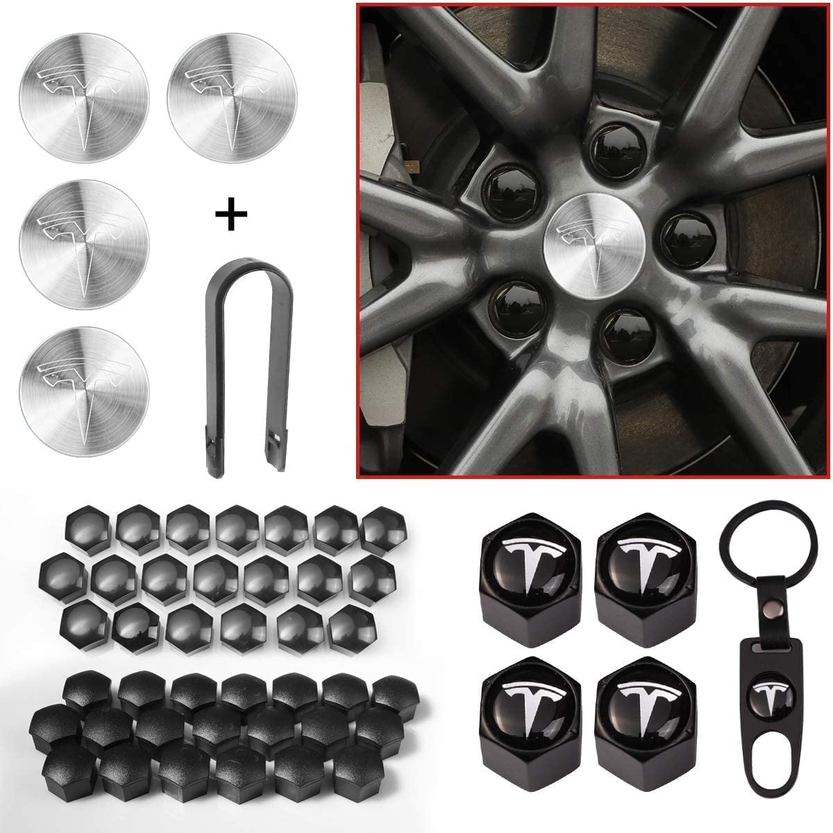 Premium Tesla Model 3 Wheel Cap Kit - 50pcs Chrome Lug Nut Covers with Puller Tool & Logo Hub Caps (Silver) | Perfect for Wheel Protection & Luxury Style Enhancement on Tesla Model 3