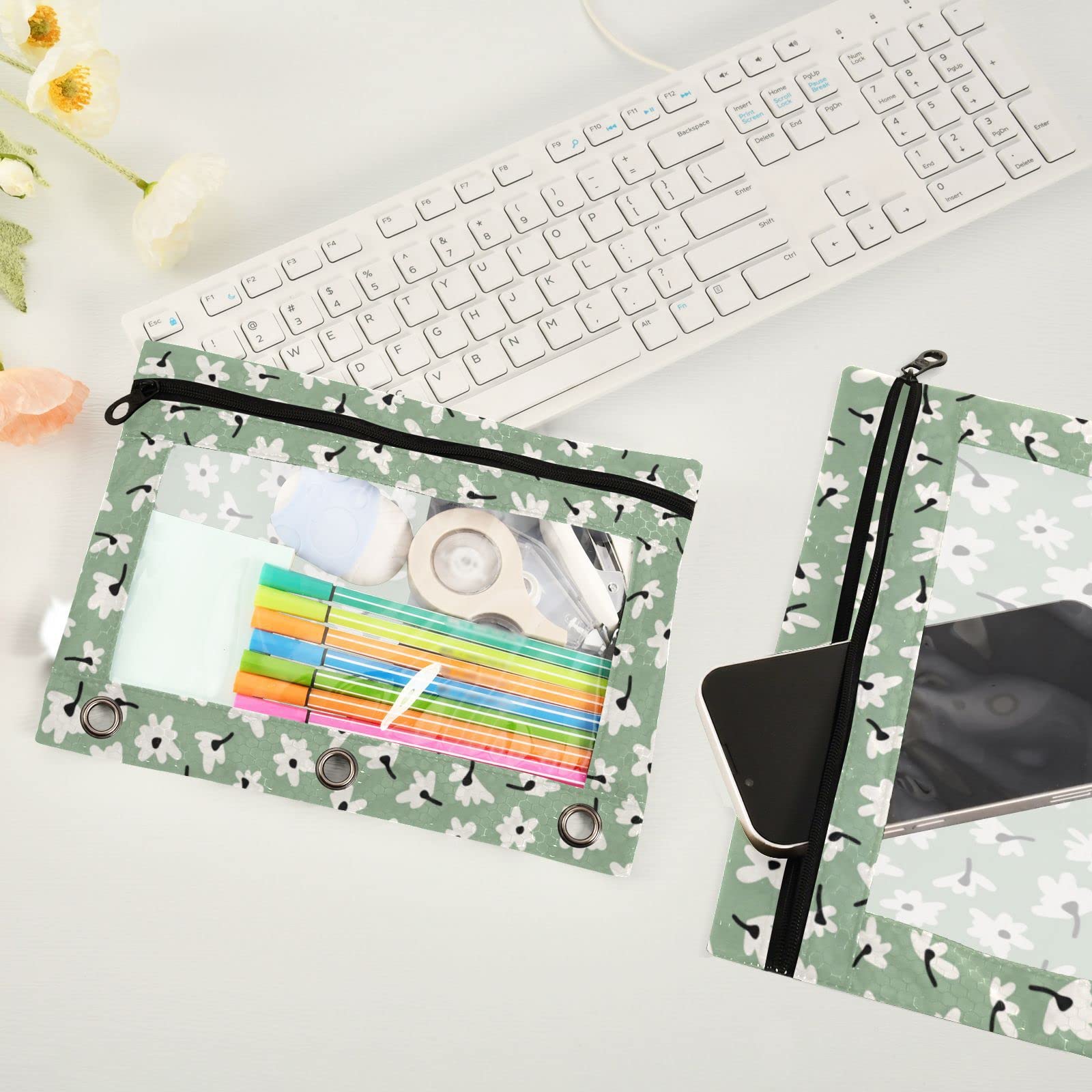 Daisy Sage Green 3-Ring Binder Pencil Pouch 2-Pack - Waterproof Plastic Zippered Pencil Case & Cosmetic Organizer for School, Office & Travel Supplies