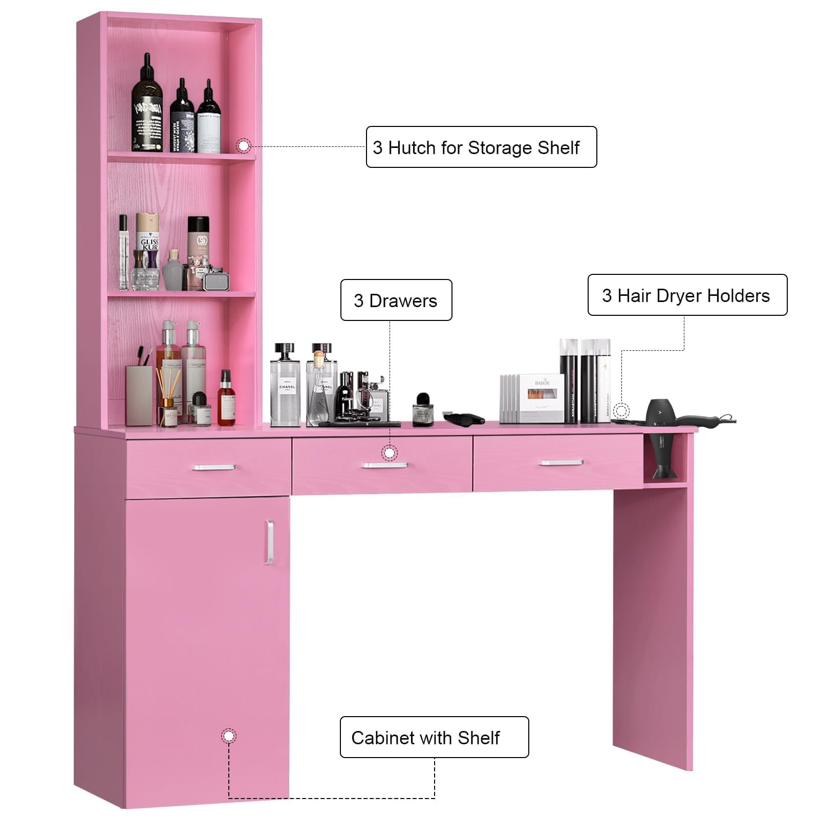 Professional Barber Station for Hair Stylists - Salon Wall Mount Cabinet with Hair Dryer Holder & Storage Drawers - Pink Beauty Salon Equipment for Home & Commercial Use