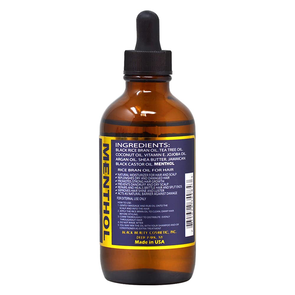 Organic Jamaican Wild Black Rice Bran Oil & Menthol Oil - 4oz Bottle for Hair Growth, Scalp Care & Relaxation - Natural Aromatherapy & Massage Oil for Stress Relief