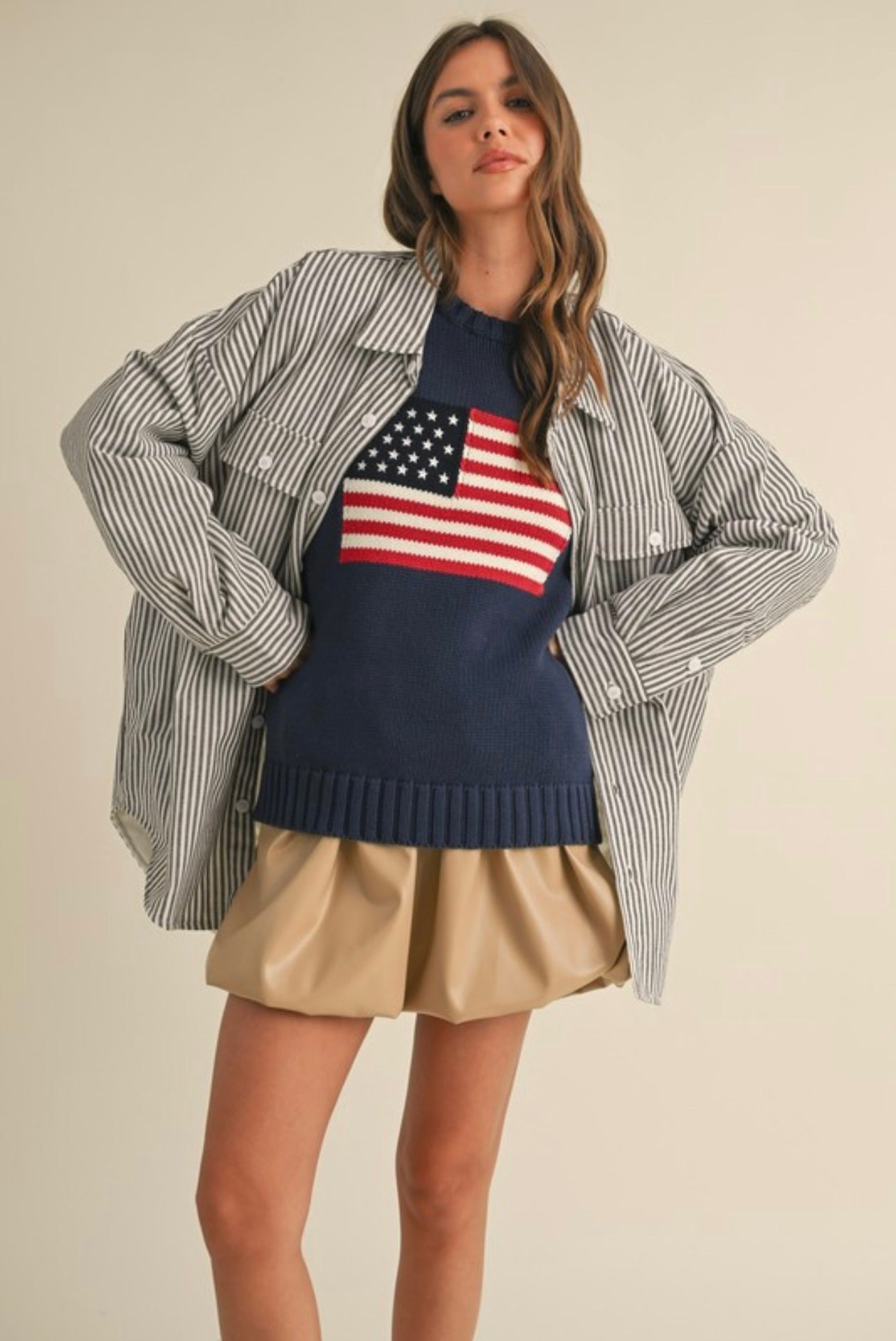Brown Striped Padded Oversized Shacket for Women - Cozy Winter Layering & Casual Outfit Essential