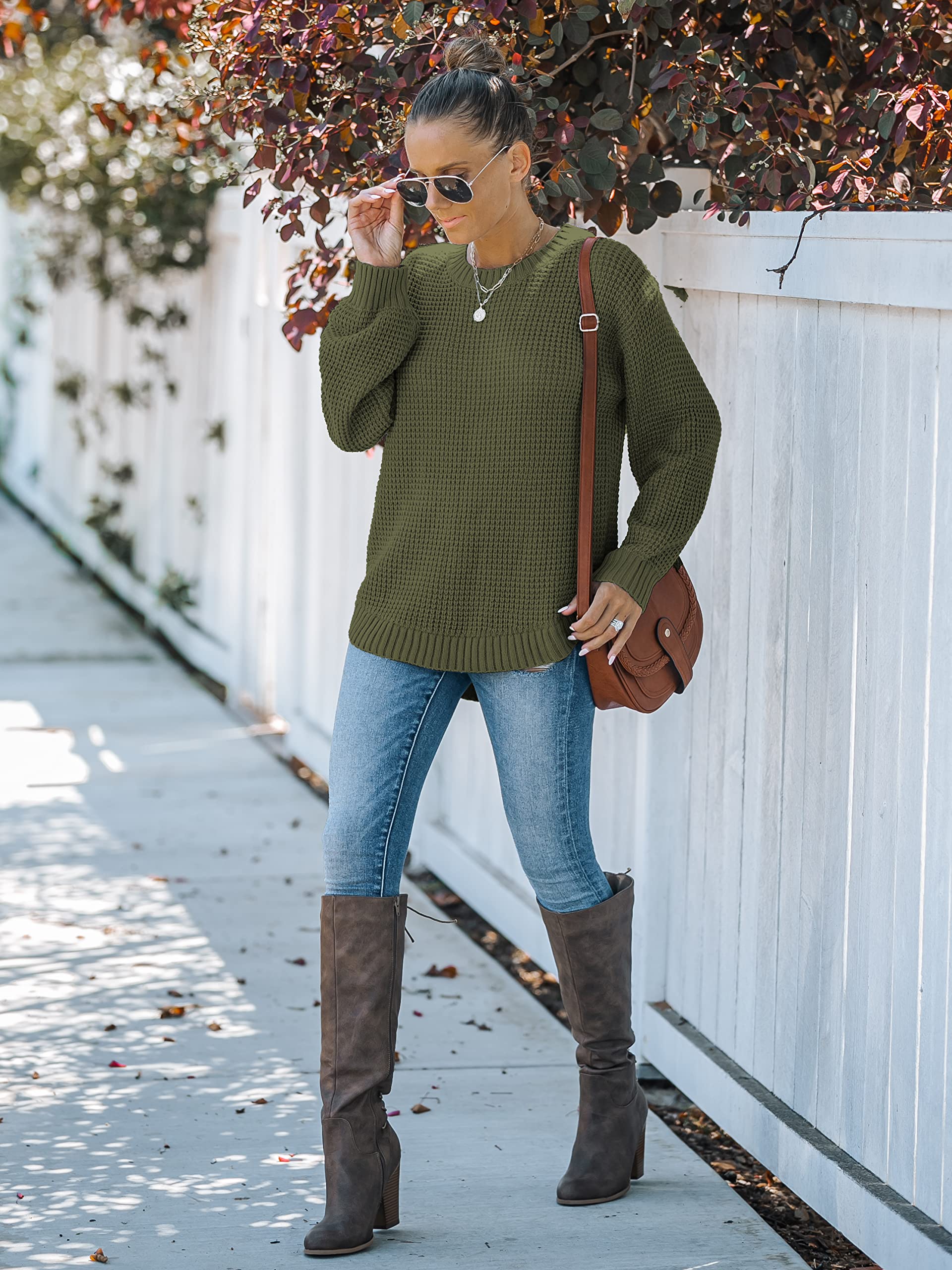 MEROKEETY Women's 2024 Fall Waffle Knit Sweater - Long Balloon Sleeve Loose Pullover Jumper - Casual Knitted Top for Autumn - Perfect for Office, Date Night & Coffee Dates