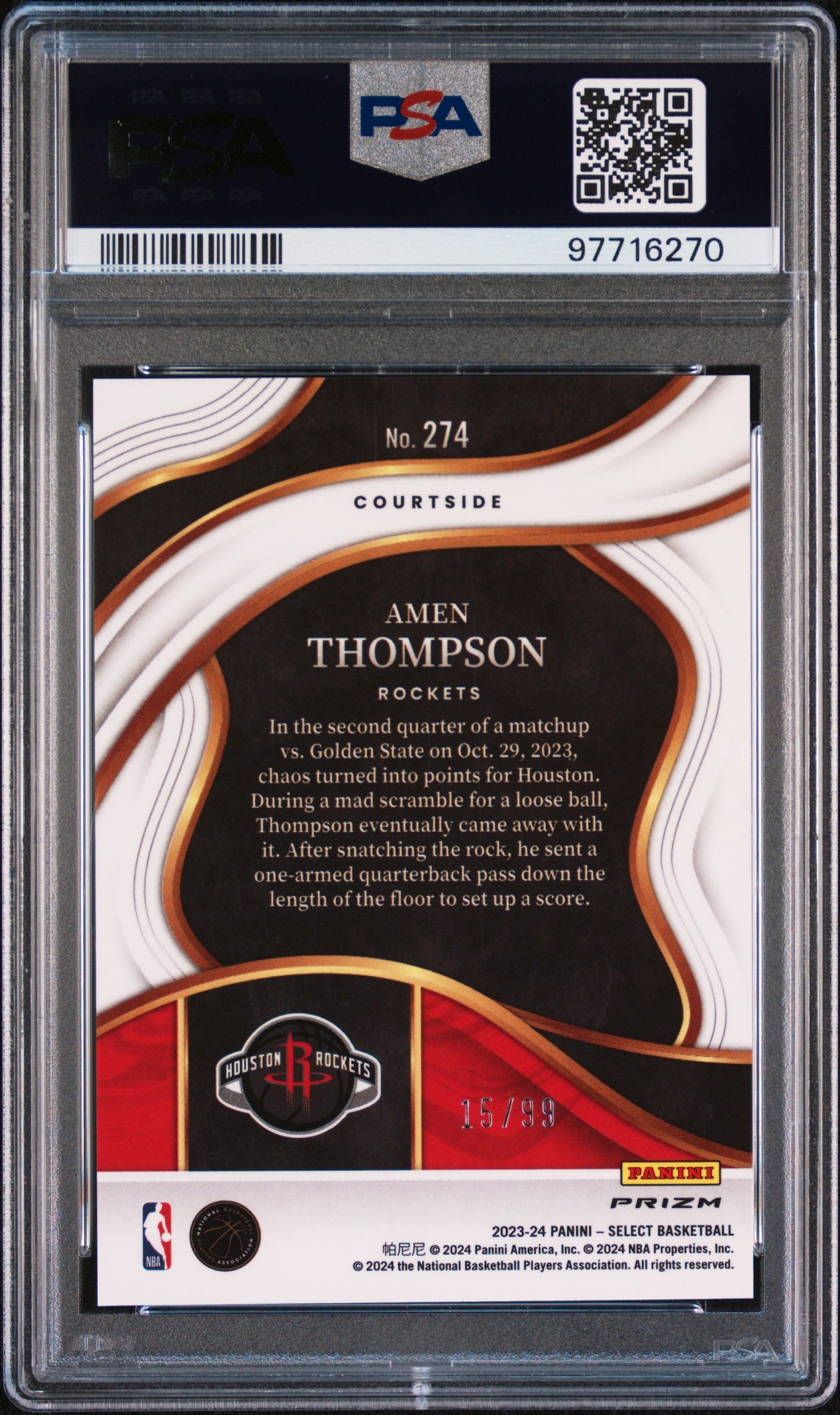 2023 Select Amen Thompson 15/99 Purple Cracked Ice Courtside #274 PSA 10 Graded Basketball Card - Rare Collectible for NBA Fans & Sports Memorabilia Enthusiasts - Perfect for Display, Investment, and Trading