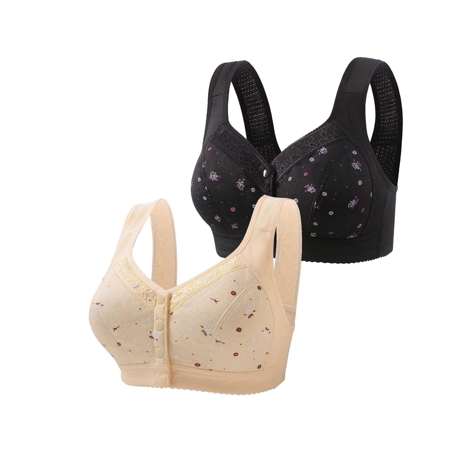 2 Pack Front Closure Plus Size Bras for Women - Wireless Full Coverage Comfortable Everyday Bra with Daisy Design - Perfect for Work, Lounge & Sleep