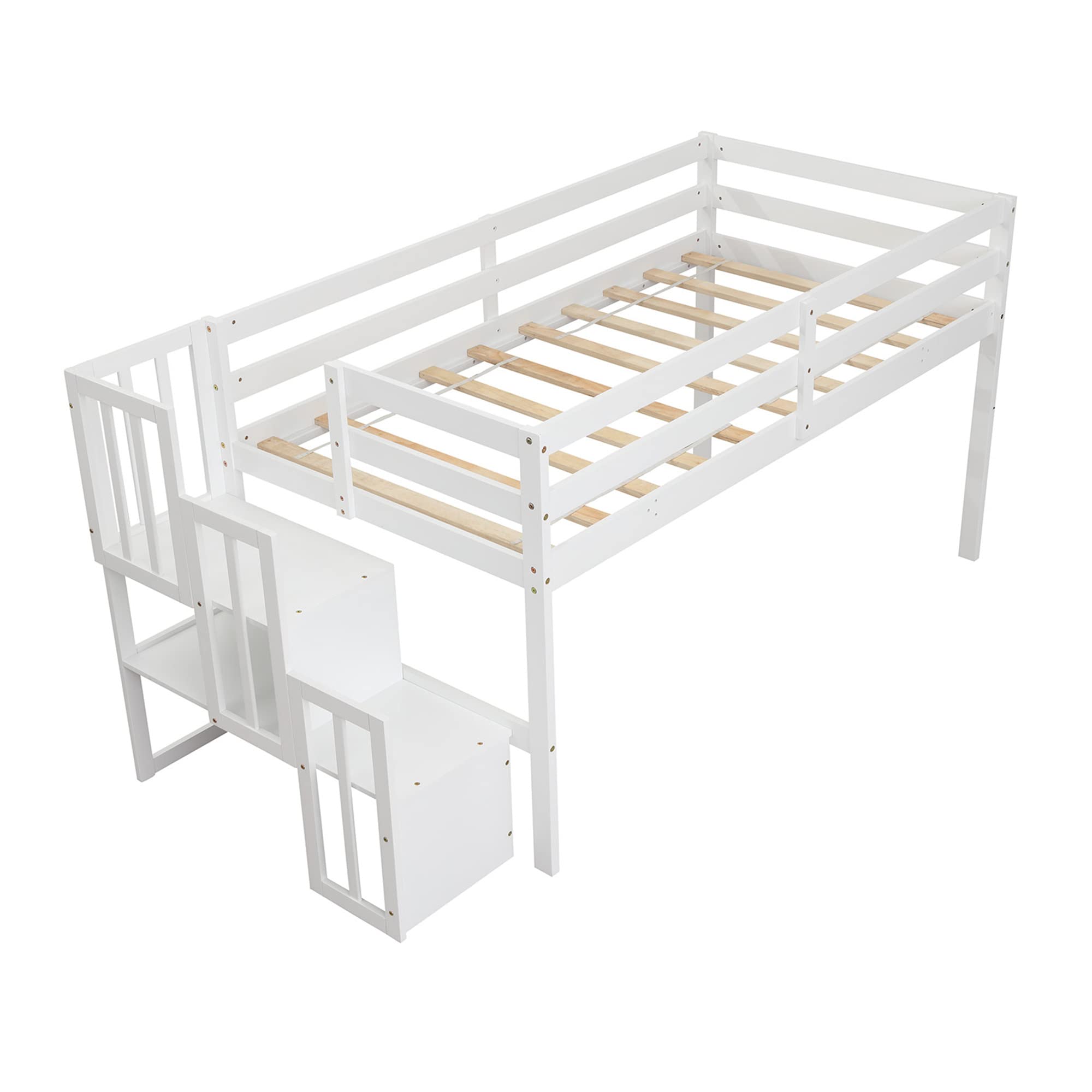 White Loft Bed with Staircase - Space-Saving Twin/Full Size Bed Frame for Kids & Teens - Perfect for Small Bedrooms, Dorms & Apartments