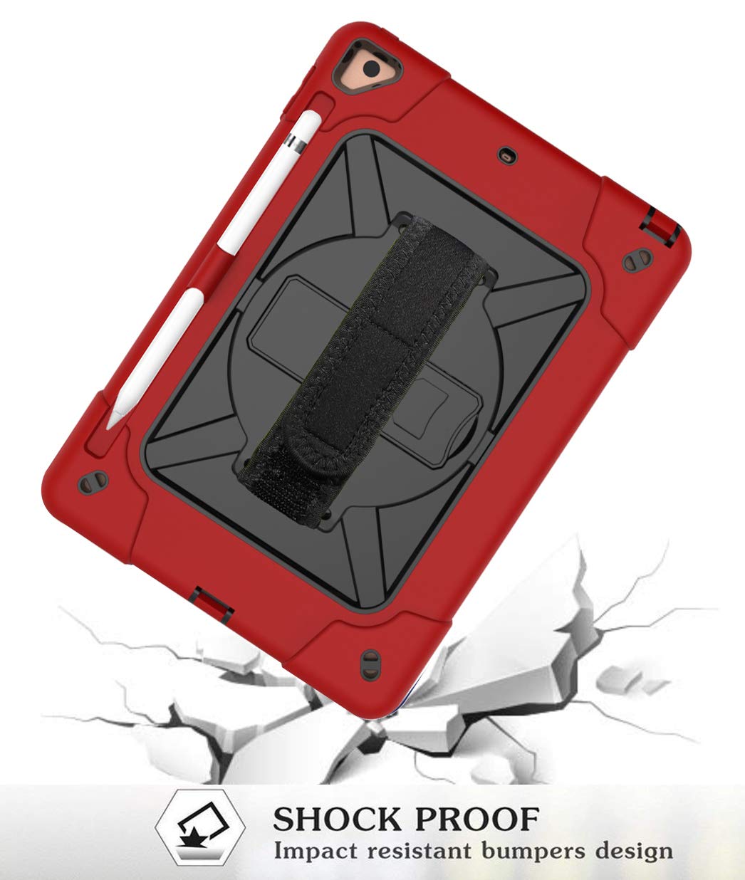 360° Rotating Shockproof iPad Case with Handle Stand & Pencil Holder - Compatible with iPad Air 2, iPad Pro 9.7 (2016), iPad 6th/5th Gen & New iPad 9.7 (2017/2018) - Red & Black - Perfect for Work, Travel & School Use
