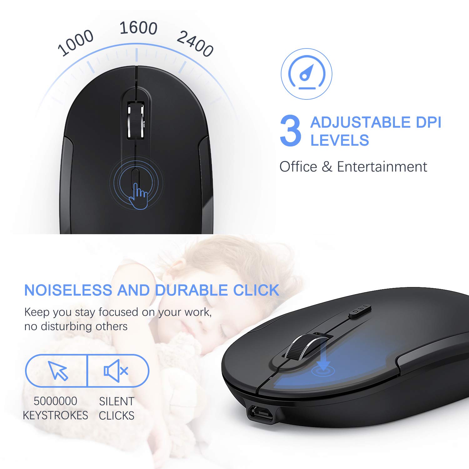 Vssoplor 2.4GHz Wireless Keyboard and Mouse Combo - Rechargeable, Compact, Quiet Full-Size with Nano USB Receiver for Windows PC/Laptop/Notebook (Black) - Perfect for Office, Home & Gaming Use