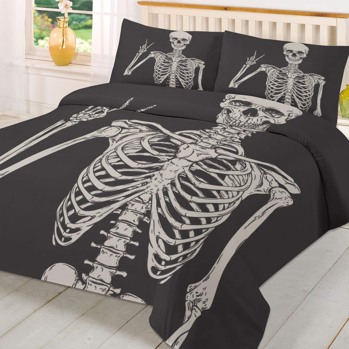 Skull 3-Piece Duvet Cover Set - Full Size Polyester Bedding with Zipper Closure & Corner Ties | Breathable, Easy Care Halloween Decor | Perfect for Spooky Bedroom, Dorm Room or Themed Party Decorations