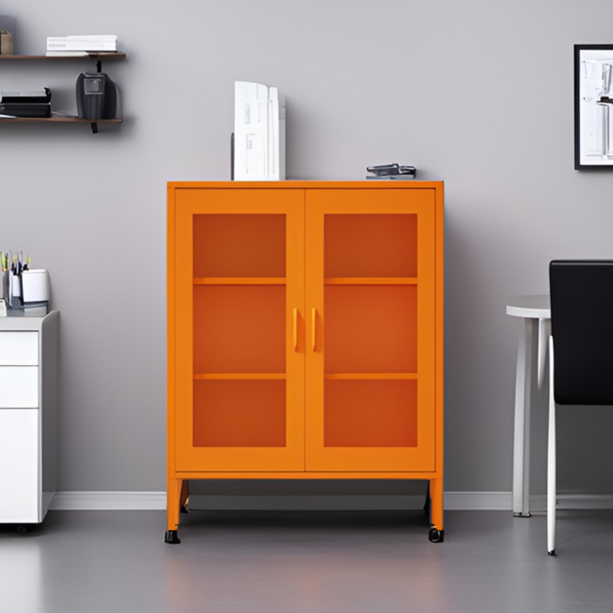 Steel Mesh Door Storage Cabinet with Adjustable Shelves - Metal Office Locker for Home, Garage & Workspace Organization (Orange)