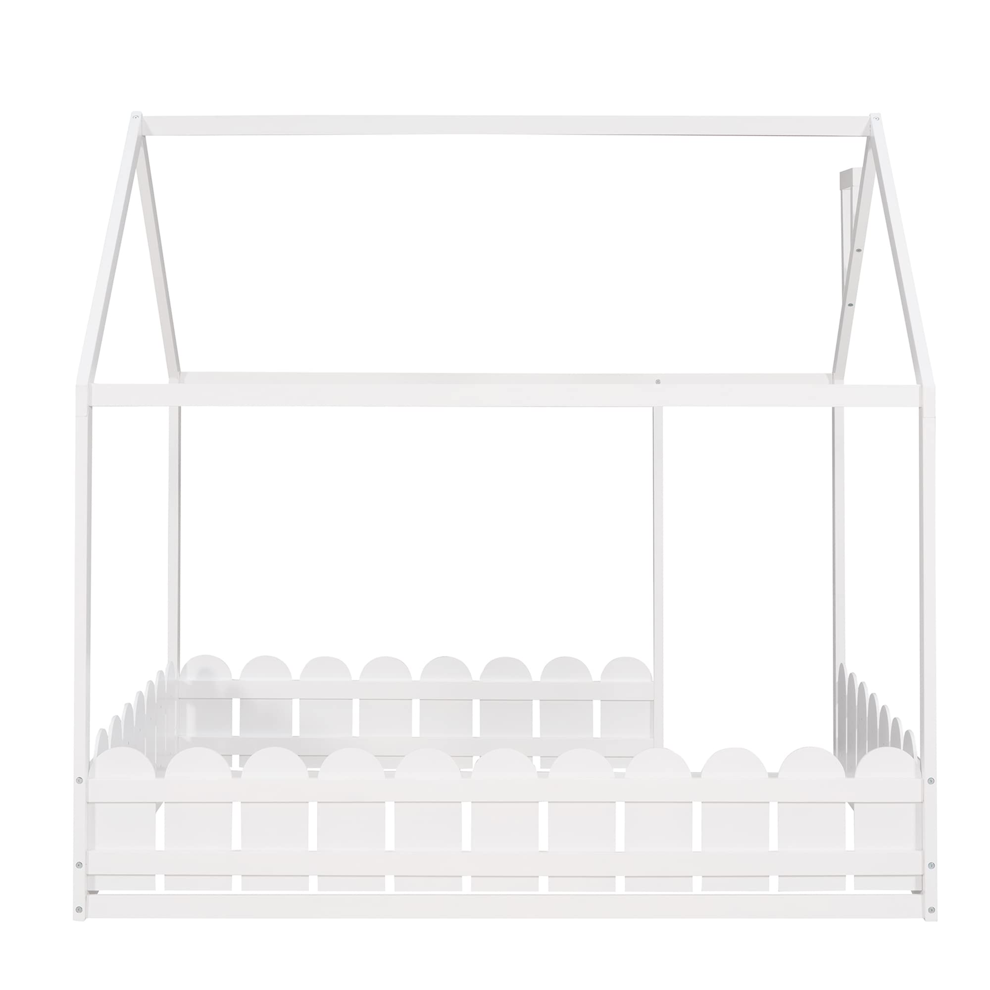 P PURLOVE Solid Wood House Bed Frame with Fence-Style Guardrails - Twin/Full Size Kids Bed for Boys & Girls (Slats Not Included, White) - Perfect for Nursery, Kids Room & Playroom Decor
