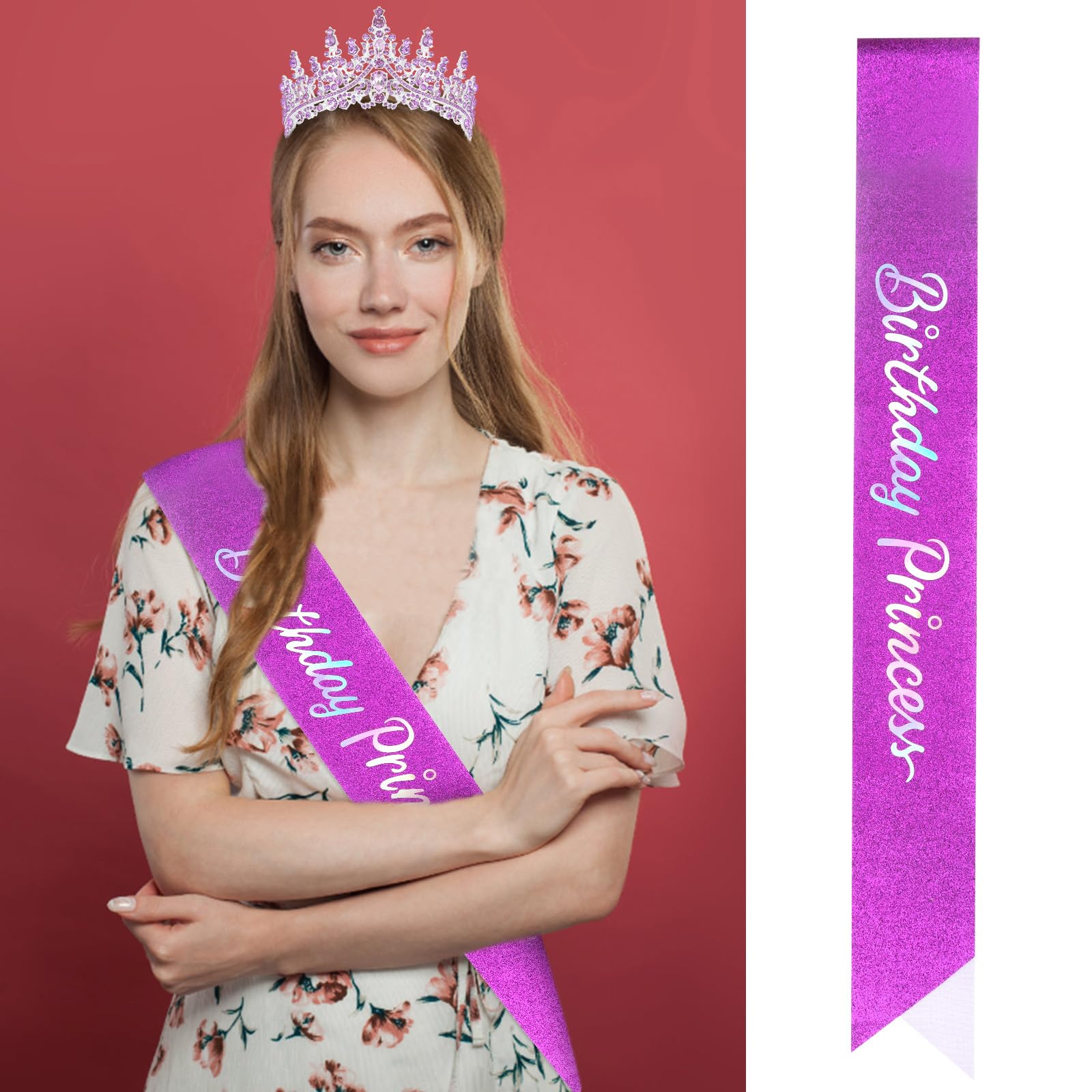 CAVETEE Glitter Birthday Princess Crown & Sash Set - Sparkling Tiara with Satin Sash for Women's Birthday Party Decorations | Perfect for Princess Themed Parties, Birthday Photos & Special Celebrations