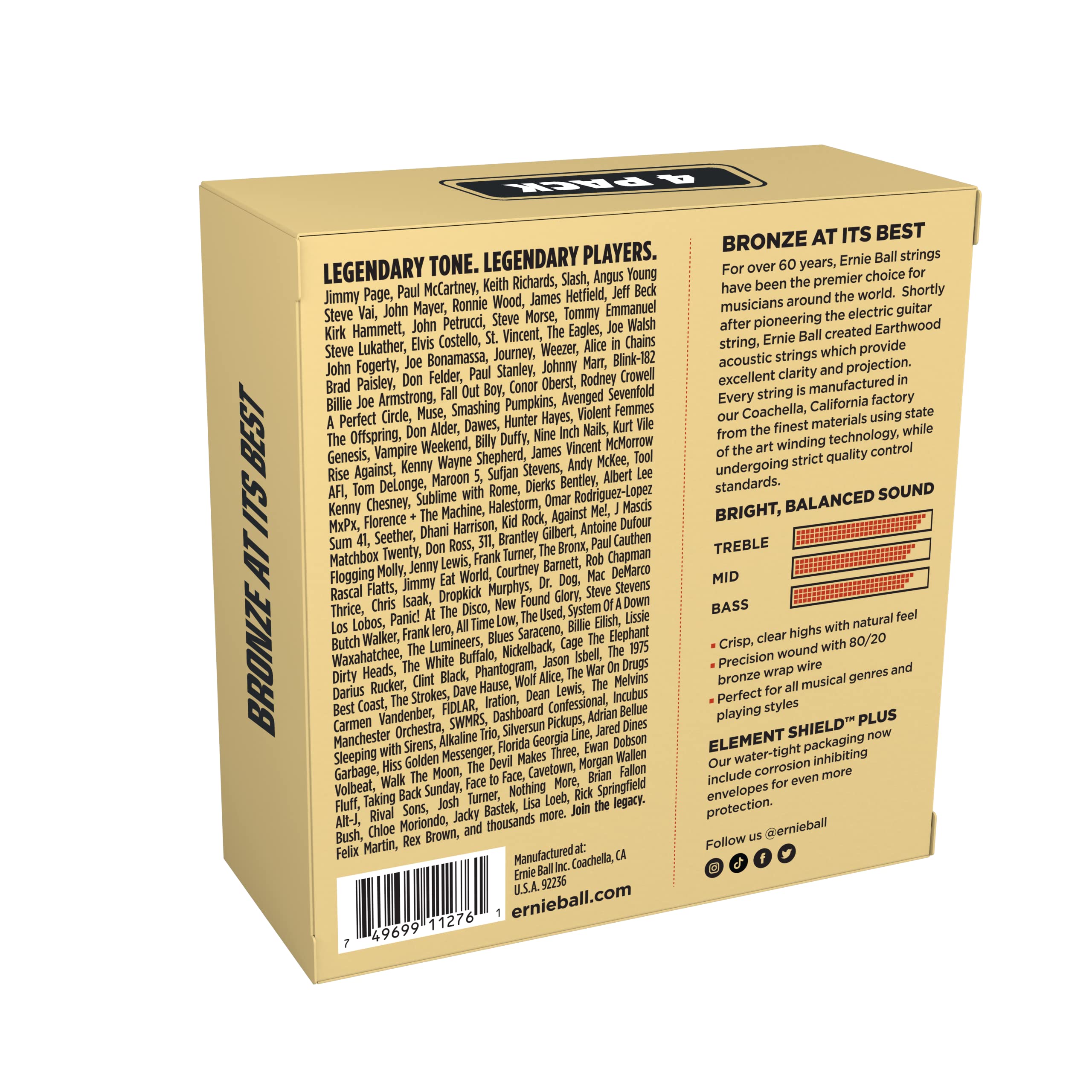 Ernie Ball Earthwood 80/20 Bronze Acoustic Guitar Strings 4-Pack - Light 11-52 Gauge (P02404) | Perfect for Folk, Country & Fingerstyle Playing