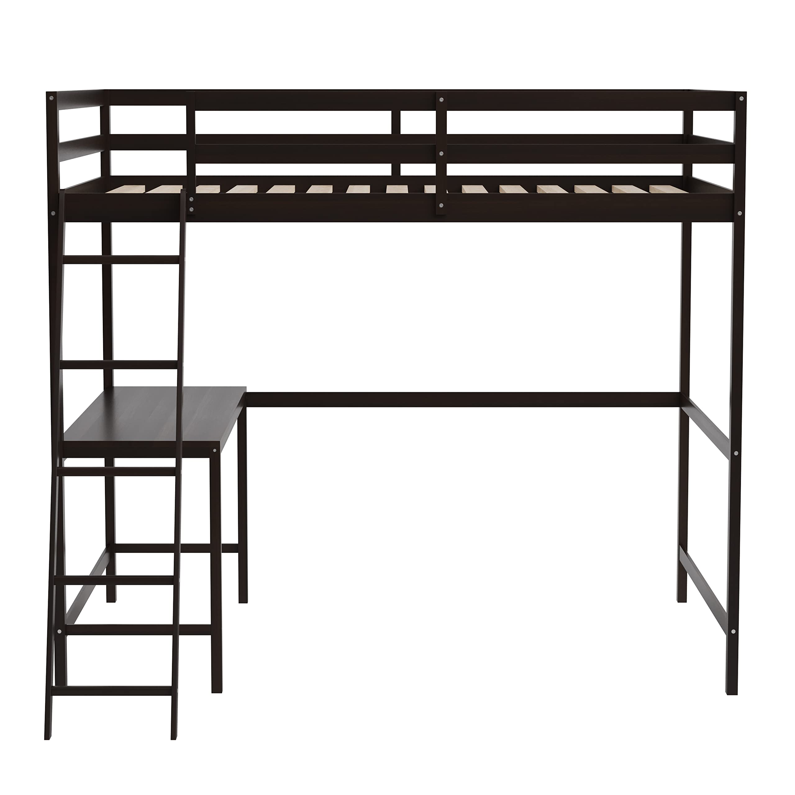 Full Size Loft Bed Frame with Built-in Desk & Ladder - Espresso Wood Slats with Protective Guard Rails - Space Saving Kids & Teens Bed - Perfect for Small Bedrooms, Dorms, and Studio Apartments