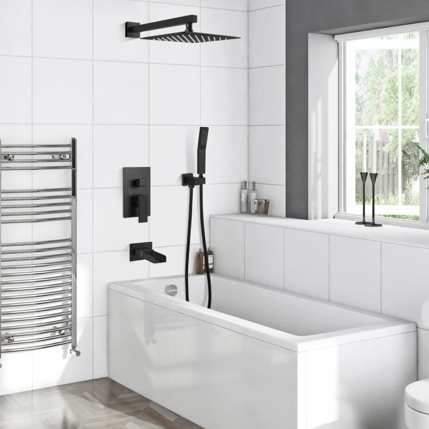 3-Function Matte Black Wall Mount Shower System with Handheld Spray, Waterfall Tub Spout & 10-Inch Rainfall Shower Head - Perfect for Modern Bathroom Renovations and Spa-Like Shower Experiences