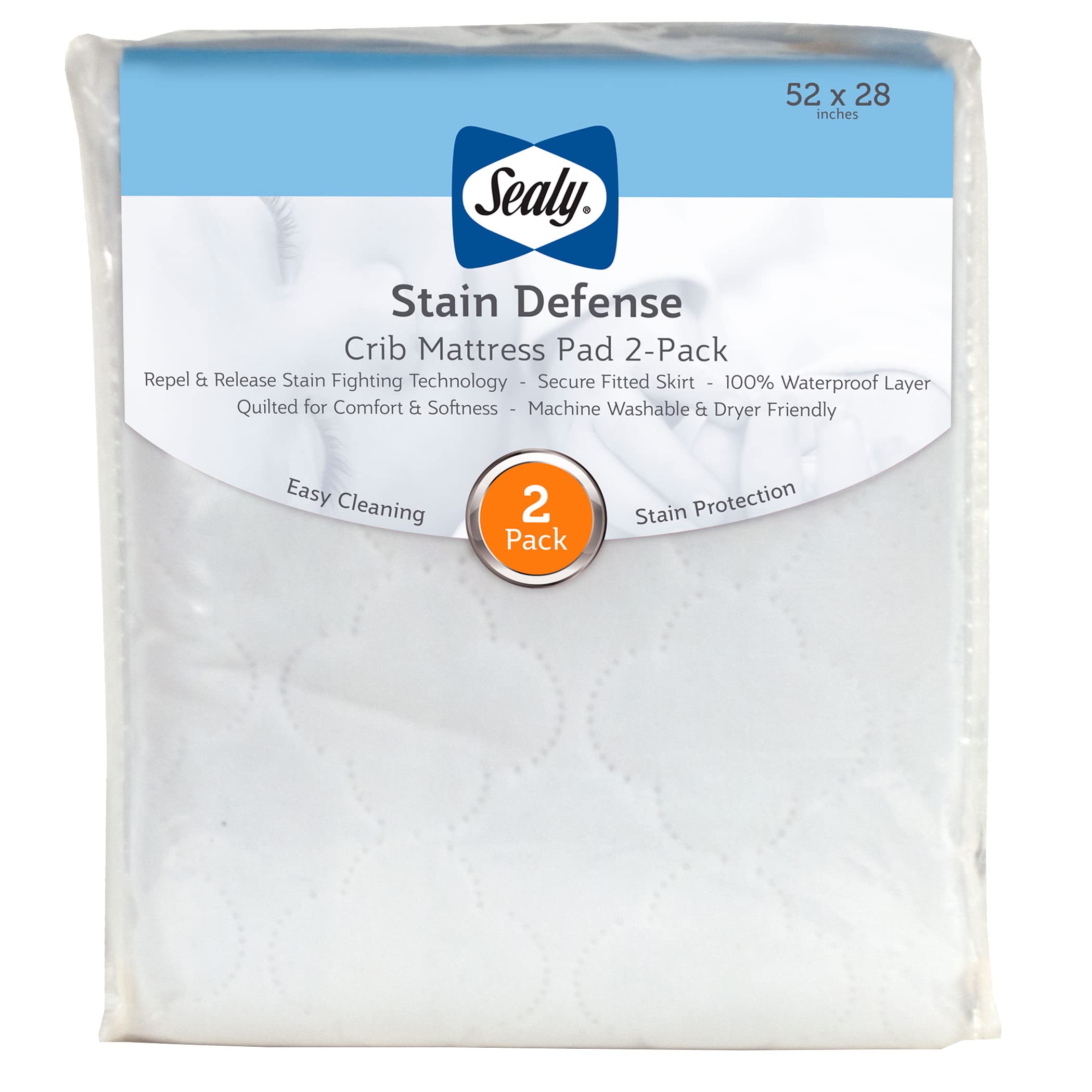 Sealy Baby Stain Defense 2-Pack Waterproof Fitted Crib Mattress Protector | Noiseless, Machine Washable & Dryer Safe | 52