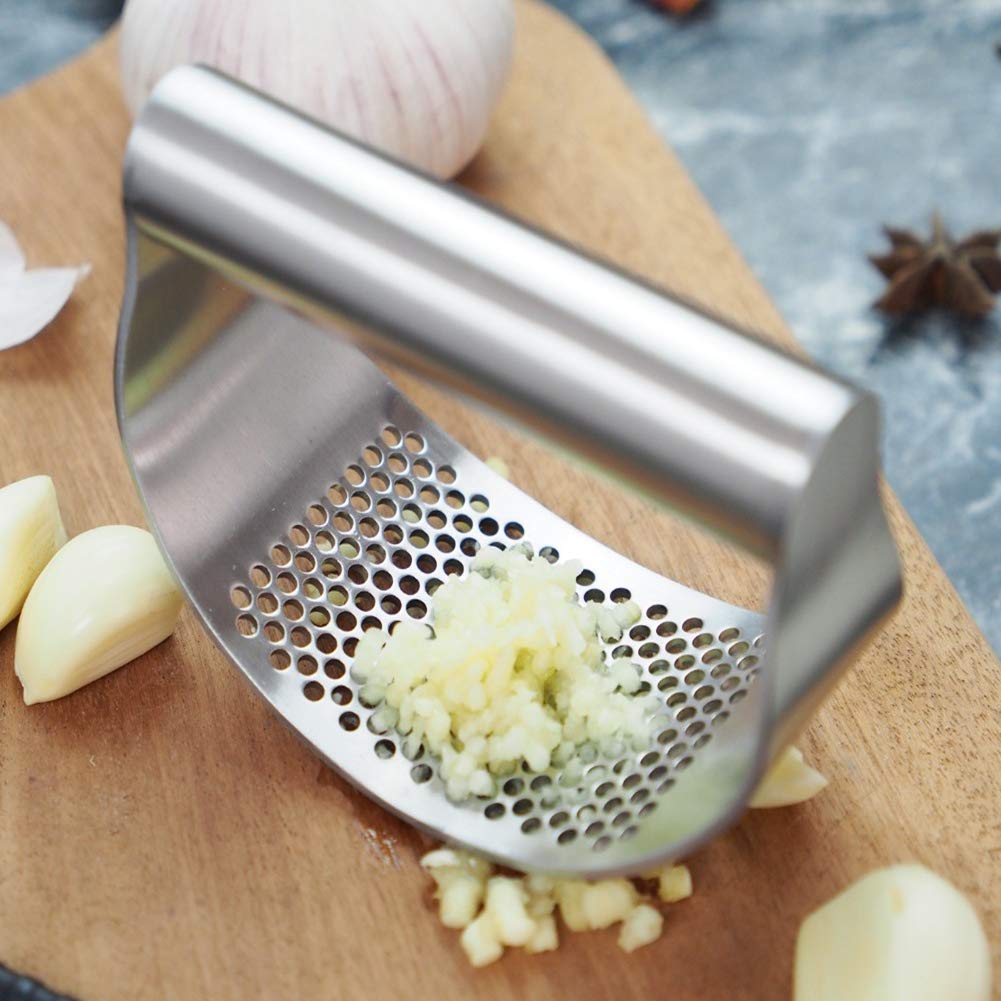 Premium Stainless Steel Garlic Press Rocker - Arc Shape Design for Effortless Crushing & Mincing - Includes 2 Pack Garlic Peeler & Chopper - Perfect for Cooking, Meal Prep & Professional Kitchens