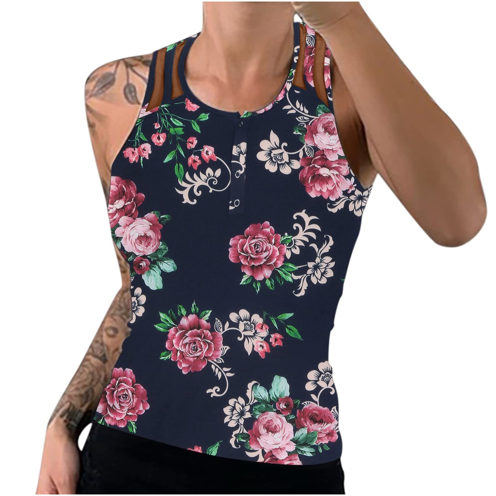 Women's Summer Sleeveless Tops - Floral Print Tank Tops, Slim Fit Blouses & Mesh Snap Vests | Casual Wear, Beach Outfits, Yoga Clothes