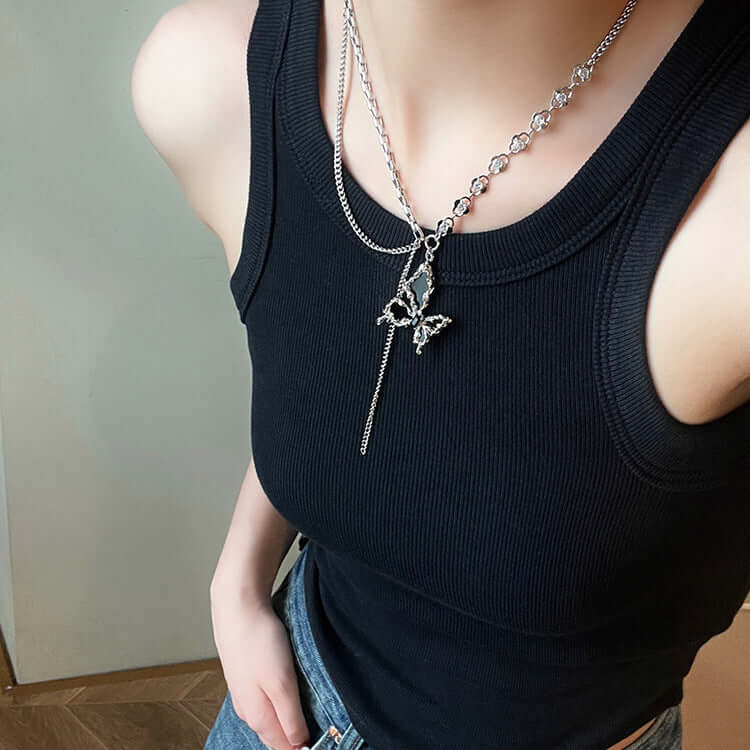 Y2K Butterfly Half Chain Y Necklace with Tassel - Trendy Layered Choker for Women | YX346 | Perfect for Parties, Date Night & Boho Fashion
