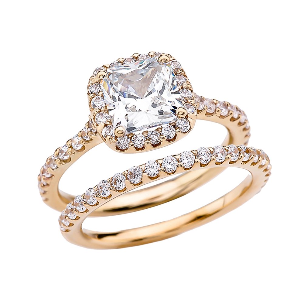 14K Yellow Gold Cushion Cut Cubic Zirconia Solitaire Engagement & Wedding Ring Set for Women - Elegant Bridal Jewelry Gift for Proposal, Anniversary & Special Occasions