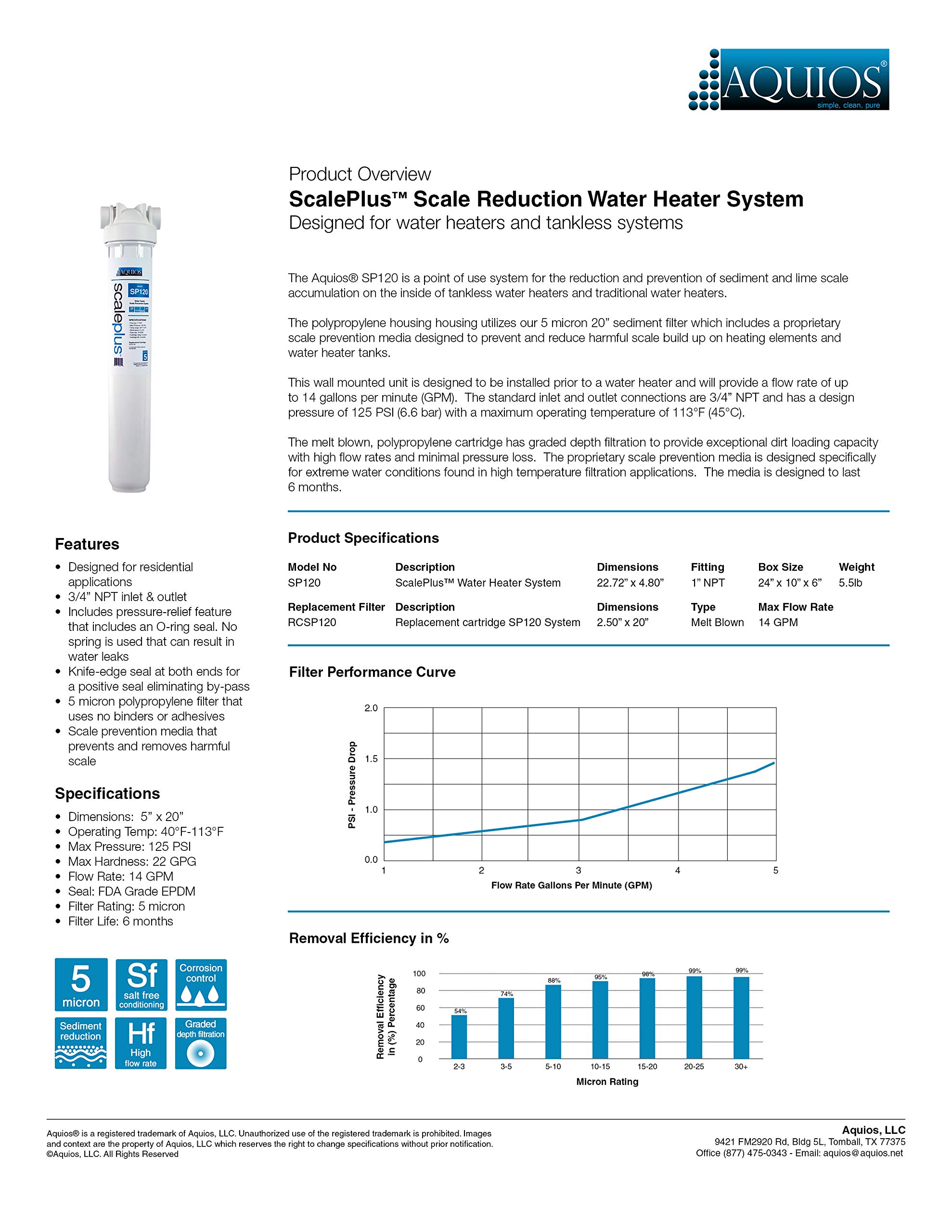 Aquios® SP220 ScalePlus™ Tankless Water Heater Scale Reduction System - Prevents & Reduces Limescale in Tankless & Traditional Water Heaters | 5 Micron Sediment Filter | Whole House Water Protection for Hard Water Areas | Perfect for Homes, RVs & Commercial Buildings
