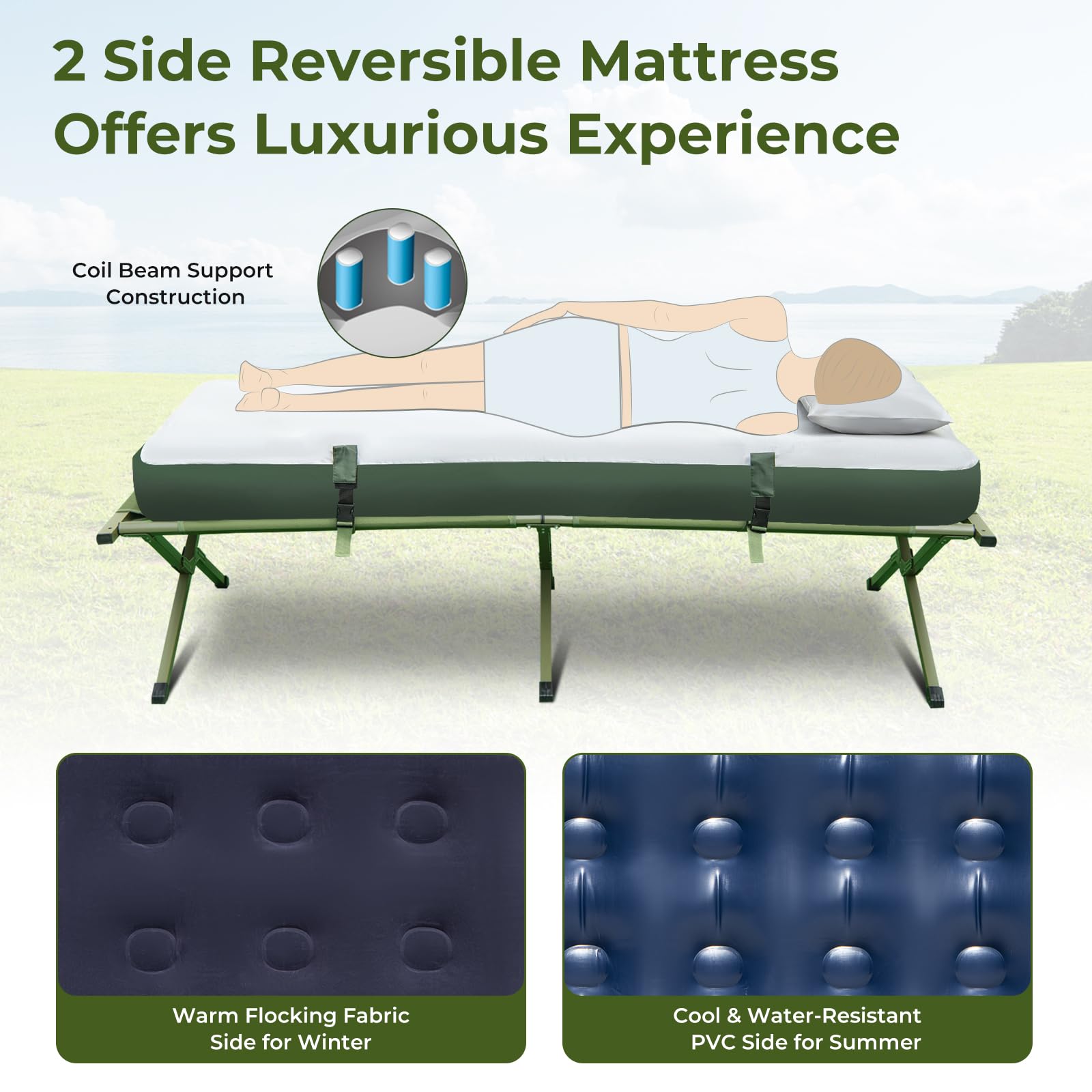 GYMAX 5-in-1 Folding Tent Cot with Mattress & Pillows - Portable Elevated Camping Bed with Sunshade and Carrying Bag - Perfect for Outdoor Adventures, Hiking, Fishing, Picnics and Backyard Camping