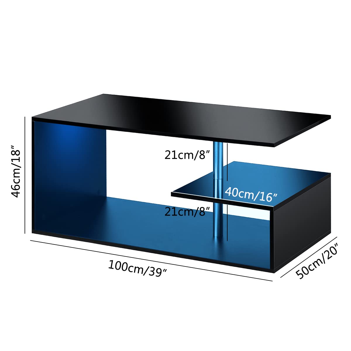 Modern Black LED Coffee Table with 3-Tier S-Shaped Open Storage Shelf - High Gloss Center Sofa Table with Adjustable Lighting - Perfect for Living Room, Home Office & Small Spaces (18