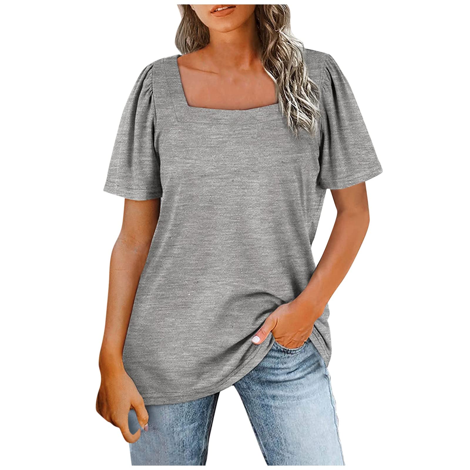 Women's Loose Fit Pleated Tunic Top - Soft Cotton Short Sleeve Square Neck Blouse for Casual Spring Outfits | Perfect for Brunch, Shopping & Weekend Wear