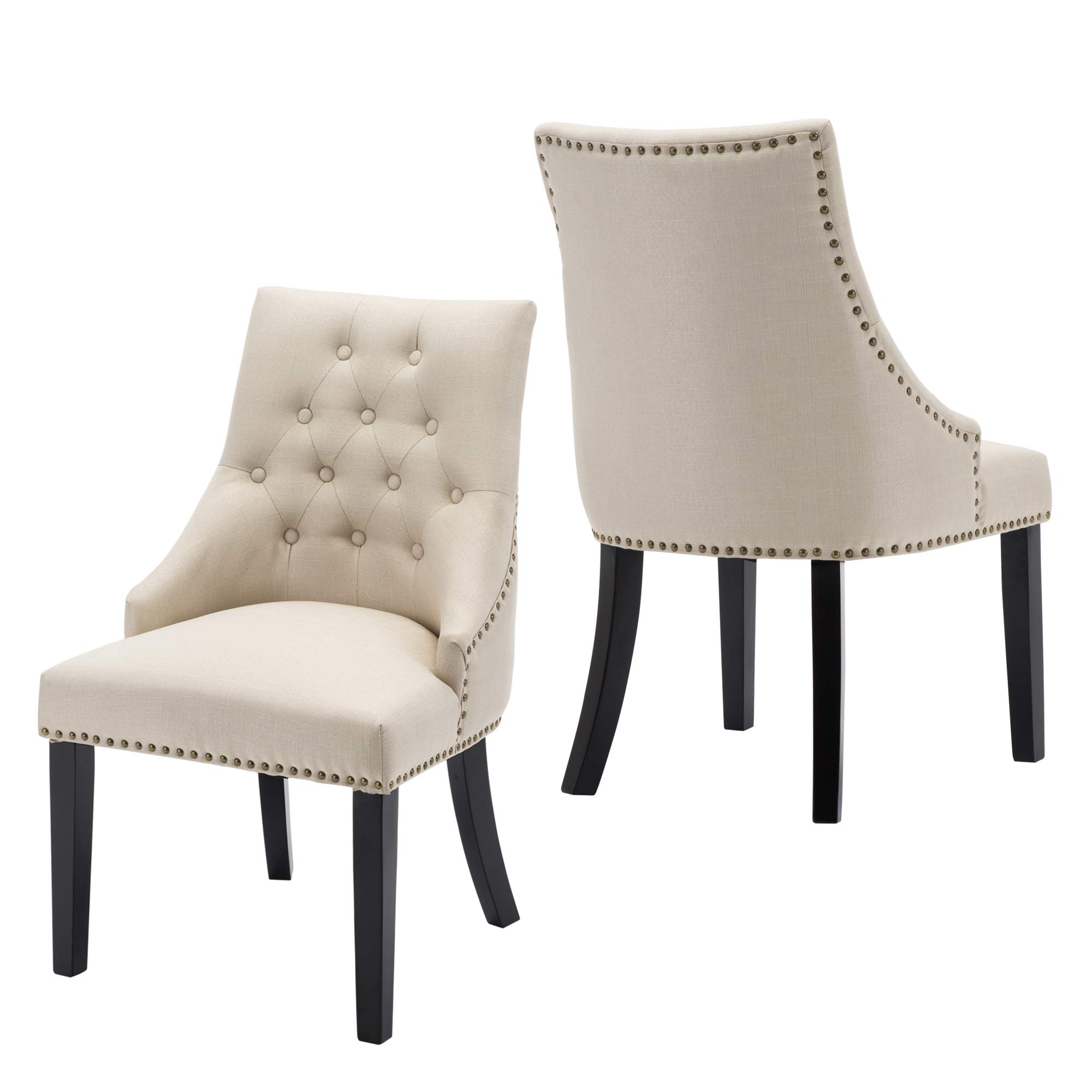 LSSBOUGHT Set of 2 Tufted Upholstered Dining Chairs with Padded Studded Design & Solid Black Wood Legs - Accent Armchairs for Living Room, Kitchen, Bedroom - Perfect for Home Decor, Dining Sets & Cozy Seating (Beige)
