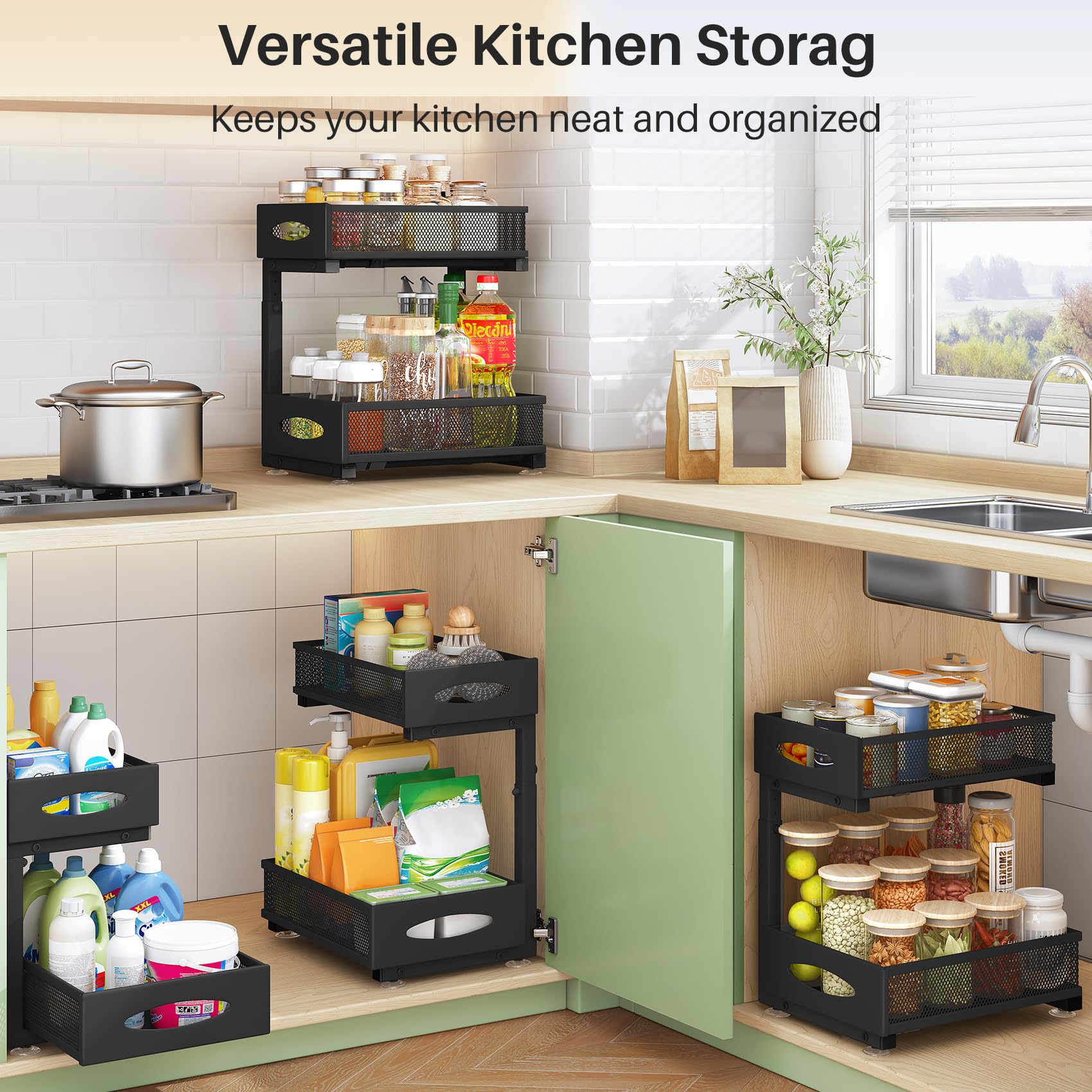 2-Tier Under Sink Organizer Set of 2 - Pull Out Mesh Cabinet Baskets with Sliding Drawers for Kitchen, Bathroom & Pantry Storage | Space Saving Sink Shelf Organizer for Home & Office Use (Black)