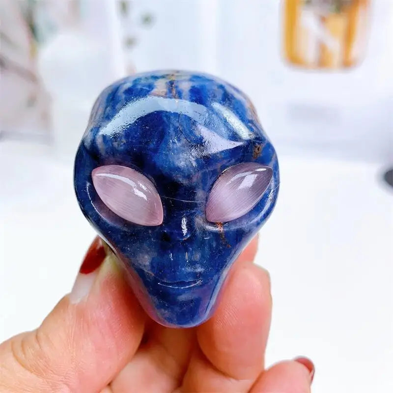 2 Inch Natural Blue Sodalite Alien Skull Crystal Carving - Reiki Healing Stone, Meditation Gemstone Figurine, Unique Home Decor & Spiritual Gift (1 Piece) - Perfect for Yoga Spaces, Altars & Energy Healing Sessions