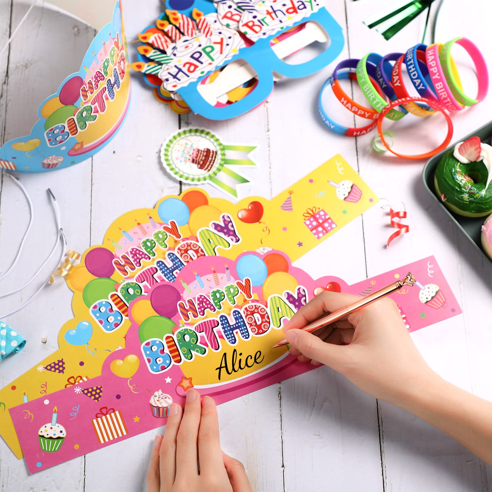 Yunsailing 144-Piece Birthday Party Supplies Kit for Kids - 36 Crowns, 36 Funny Paper Sunglasses, 36 Badge Stickers & 36 Silicone Wristbands (Colorful) - Perfect for Classroom Celebrations, Birthday Parties & Carnival Events