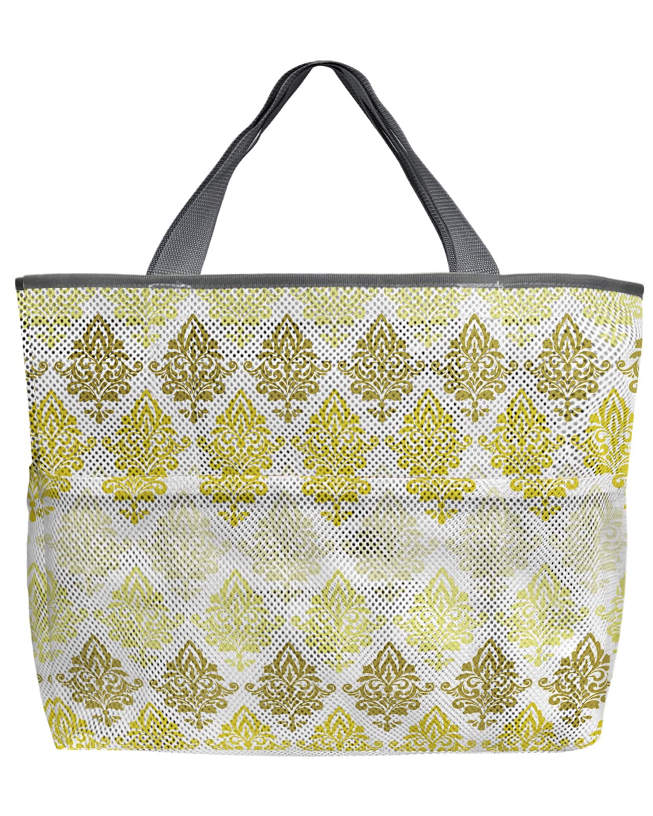 Mesh Beach Tote Bag - 60L Oversized Ombre Yellow & White Damask Pattern - Quick Dry Swim Bag with Pockets - Foldable Lightweight for Beach, Pool, Shopping & Travel (24