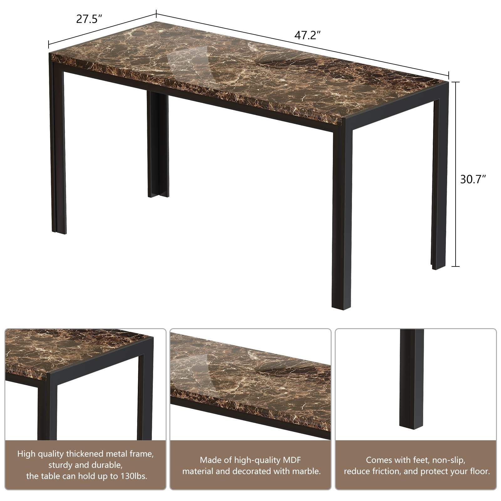 Modern 4-6 Person Dining Table Set with 2 PU Leather Benches - Faux Marble Top Breakfast Nook Set for Small Spaces & Apartments (Brown) - Perfect for Compact Homes, Studio Apartments & Cozy Kitchen Dining Areas