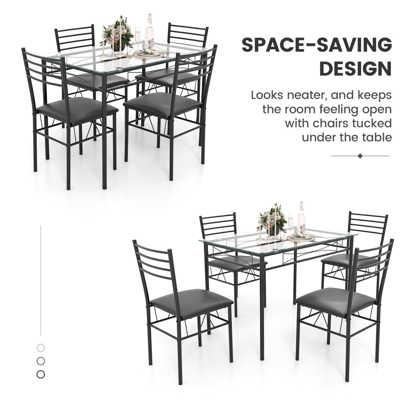 NAFORT 5-Piece Modern Dining Table Set with Tempered Glass Top & 4 Upholstered Chairs - Space Saving Kitchen Table for Small Apartments, Breakfast Nook, Office or Dorm Room - Sturdy Metal Frame & 3/8