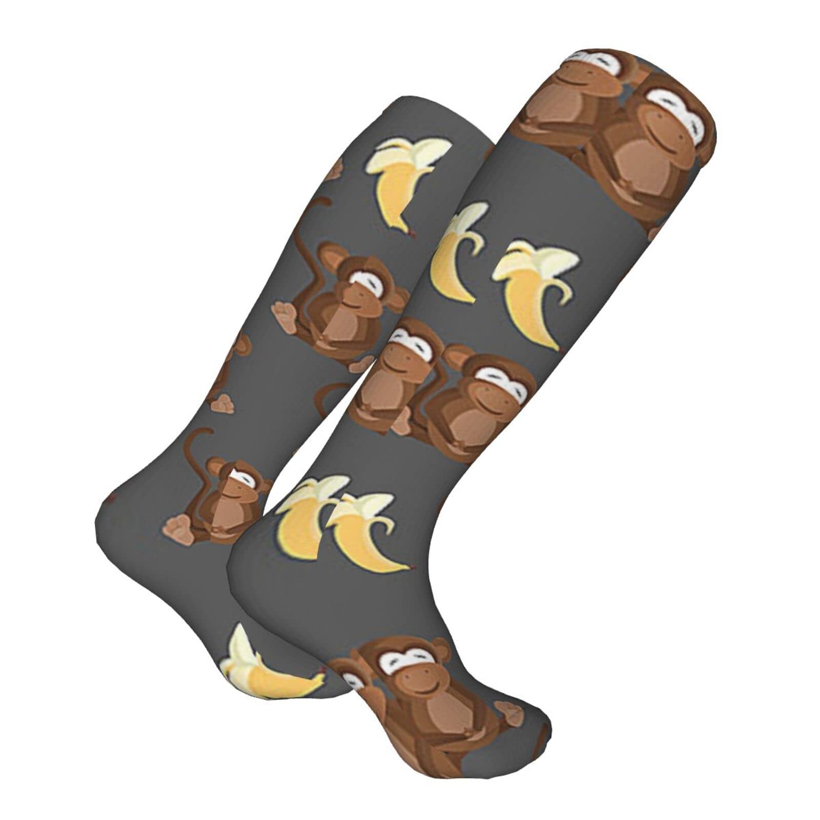 Women's & Men's Cotton Knee High Socks - Soft Cushioned Compression Crew Socks with Fun Banana Monkey Design for Work, Casual Wear & Sports