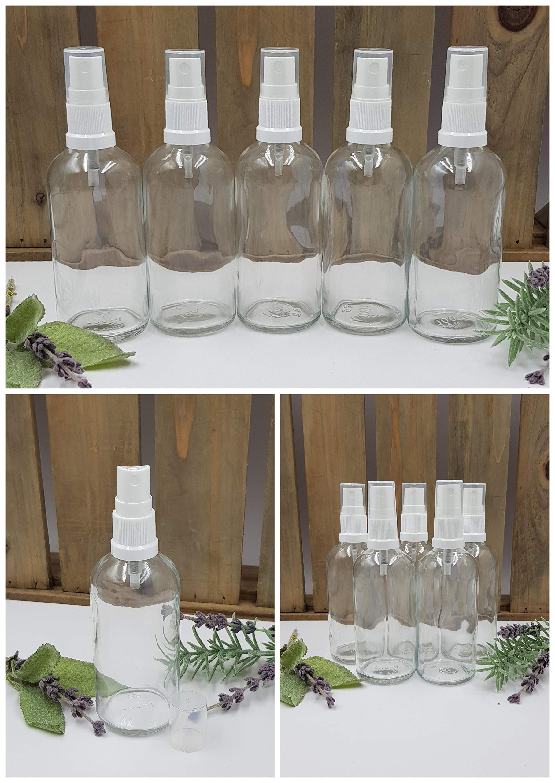 5-Pack 100ml Clear Glass Spray Bottles with White DIN 18 Pump Sprayer & Transparent Cap - Pharmacy Quality, European Pharmacopeia Standard - Perfect for Essential Oils, DIY Beauty Products & Home Cleaning Solutions