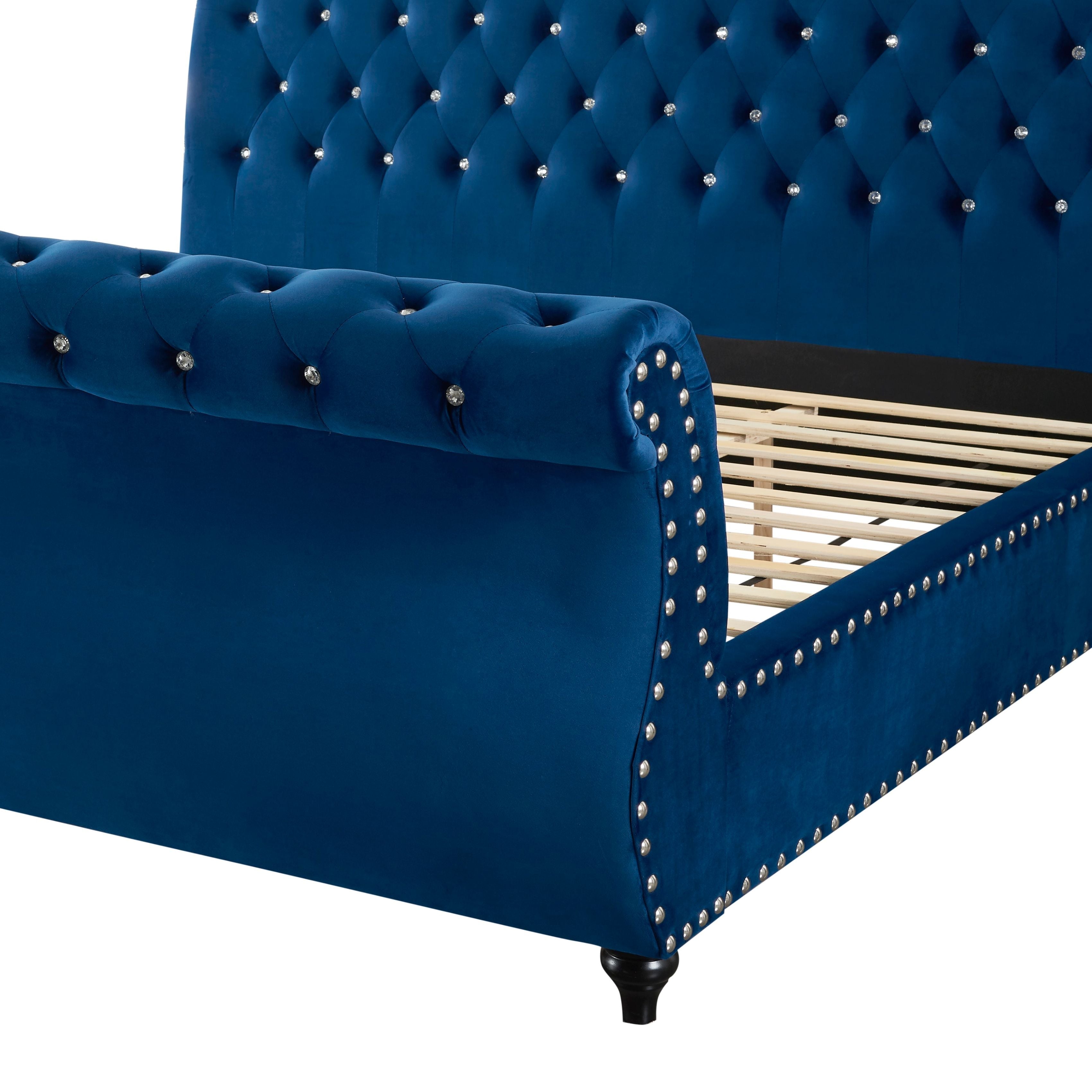 Roundhill Furniture Evora Velvet Upholstered Crystal Button Tufted Sleigh Bed - Queen Size Blue Velvet Bed Frame for Luxurious Bedroom Decor | Perfect for Master Bedrooms, Guest Rooms & Modern Apartments