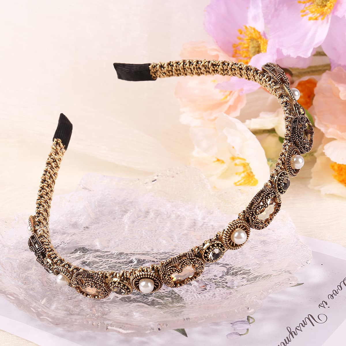 YARN & INK Gold Rhinestone Pearls Headbands for Women & Girls - Non-Slip Bling Hair Accessories for Parties, Weddings & Christmas Gifts (Baroque Champagne)