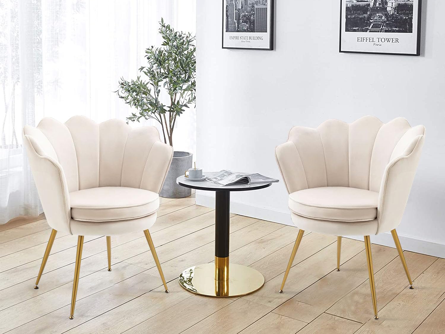 Modern Velvet Accent Chairs Set of 2 - Gold Leg Tufted Dining Chairs for Living Room, Bedroom & Kitchen - Beige Vanity Chair for Dressing Room & Makeup Area - Perfect for Home Decor, Entertaining Guests & Relaxing