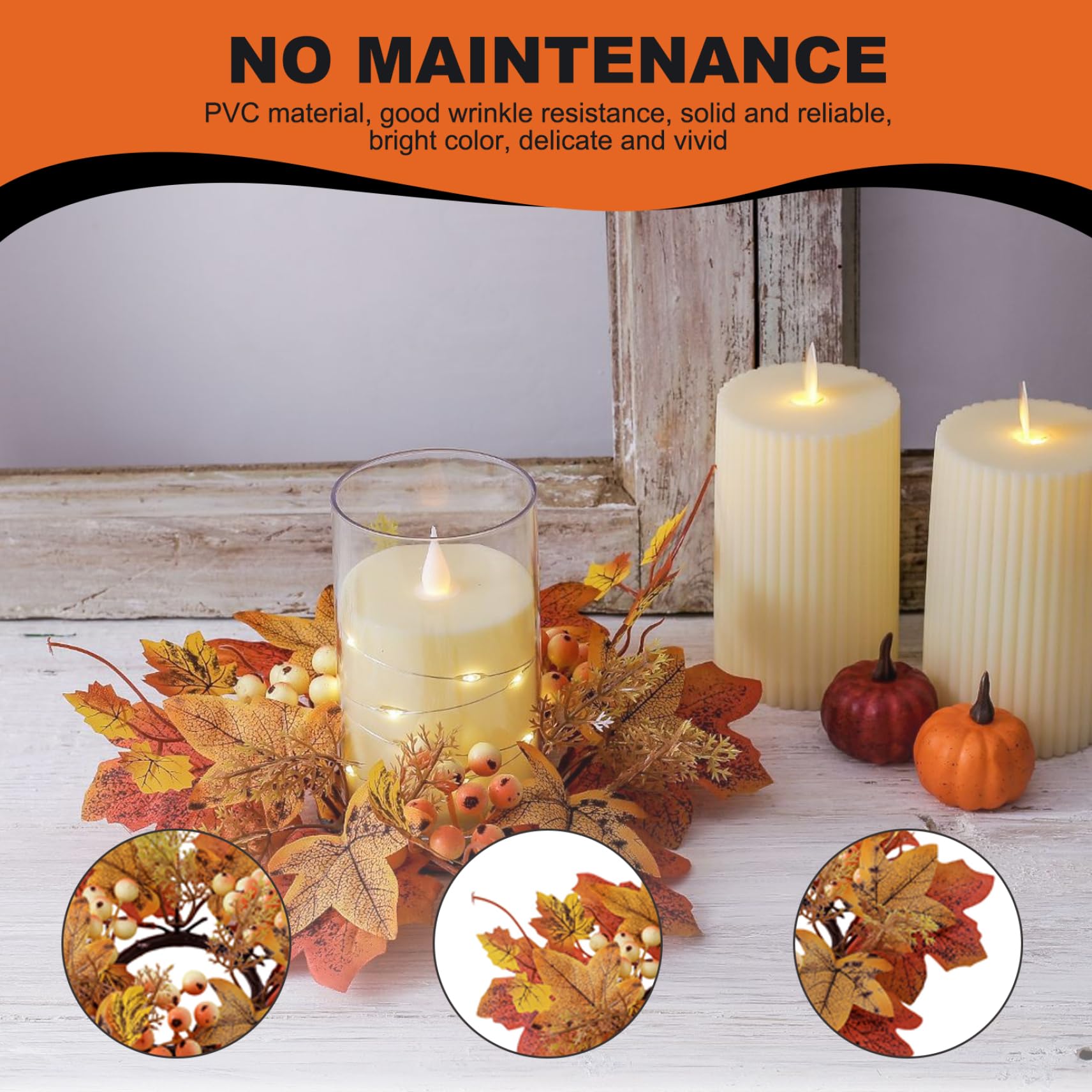 2Pcs Fall Candle Rings 9.8 Inch - Autumn Maple Leaf Wreath for Pillar Candles, Thanksgiving Table Centerpiece Decor, Seasonal Home Decor for Thanksgiving, Fall Mantel, and Holiday Dining Table