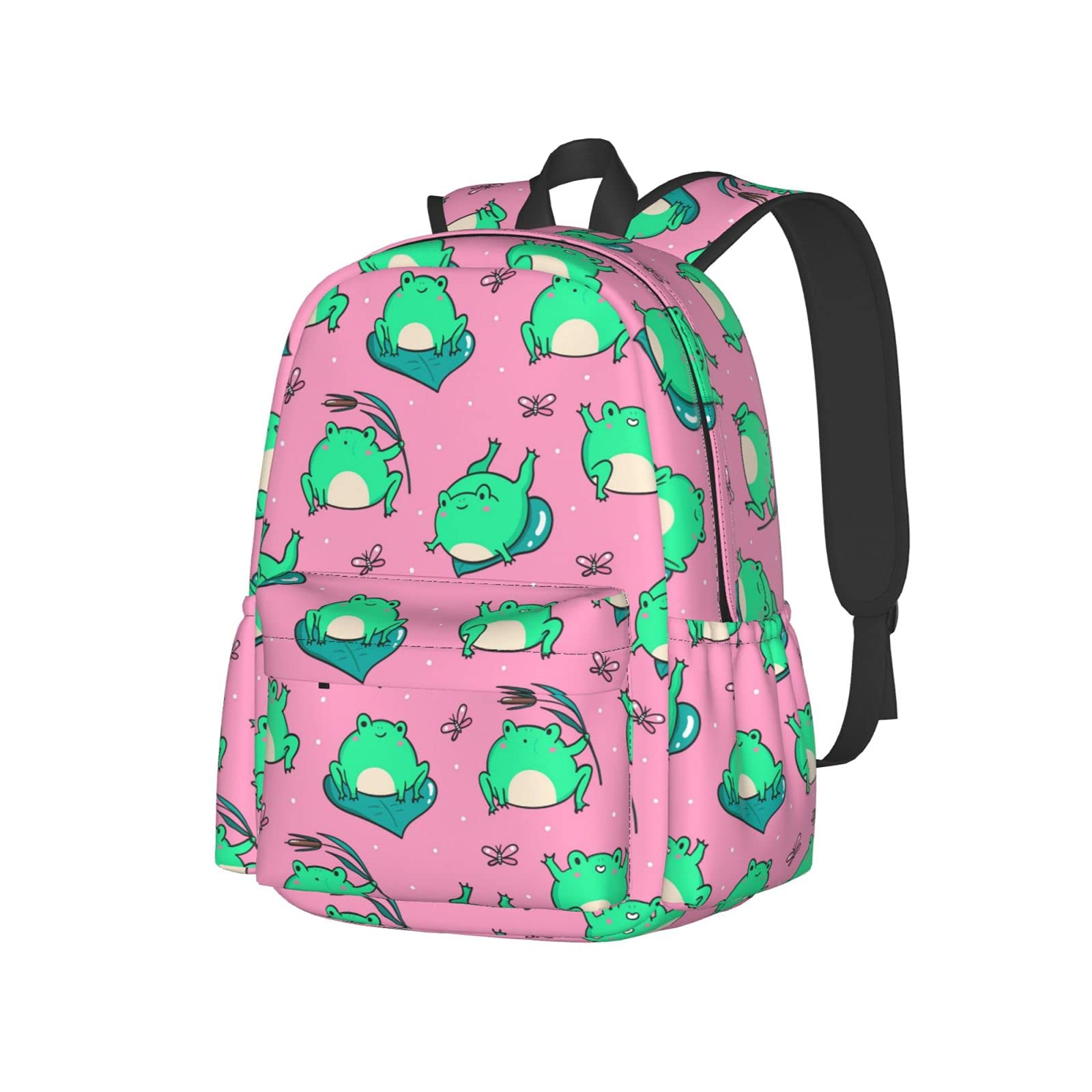KiuLoam 17 Inch Laptop Backpack - Cute Green Frogs Design on Pink School Bag, Waterproof Daypack for Women & Girls - Perfect for College, Work, Travel & Everyday Use
