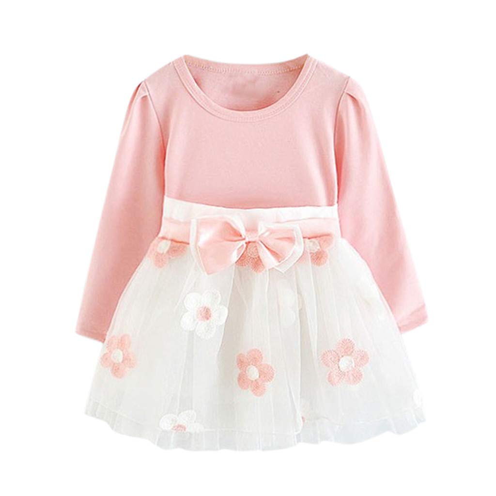 Toddler Girl Dresses - Long Sleeve Tulle Patchwork Flower Bow Dress for Baby Girls (Pink) | Perfect for Birthday Parties, Photo Shoots & Special Occasions