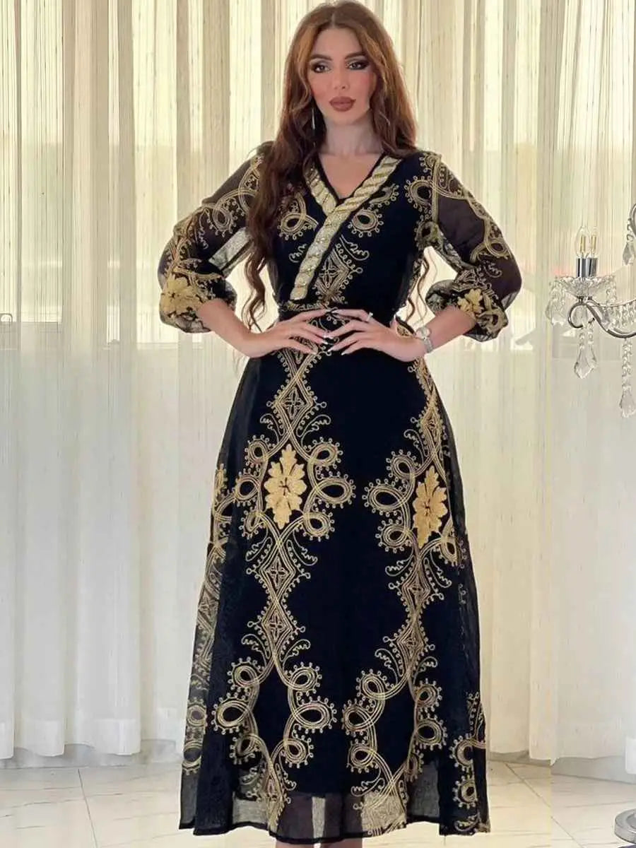 Elegant Eid Dress with Embroidery & Sequins - Flowy Caftan Kaftan Maxi Dress for Women | Perfect for Eid Celebrations, Weddings & Special Occasions