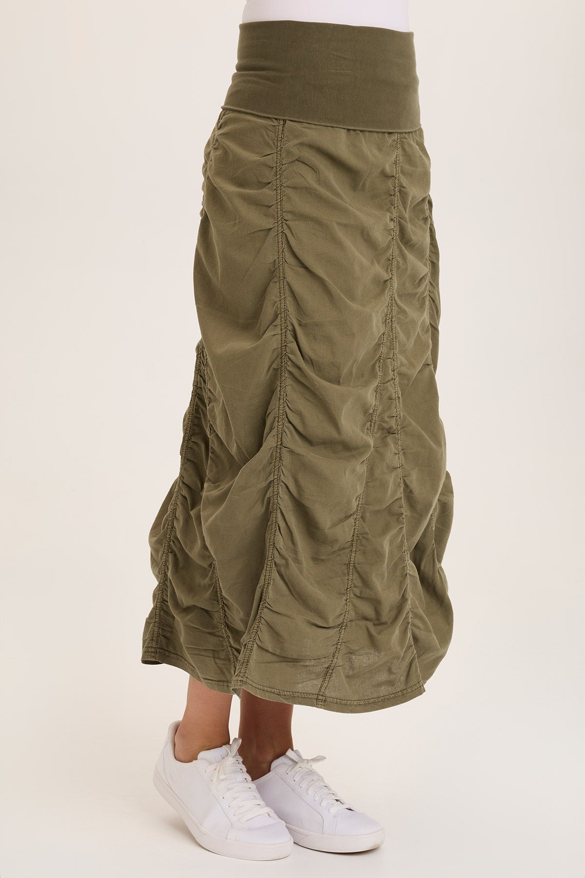 Linen Shirred Asymmetric Midi Skirt for Women - Boho Summer Beach Skirt with Side Slit, Comfortable & Flowy Casual Dress