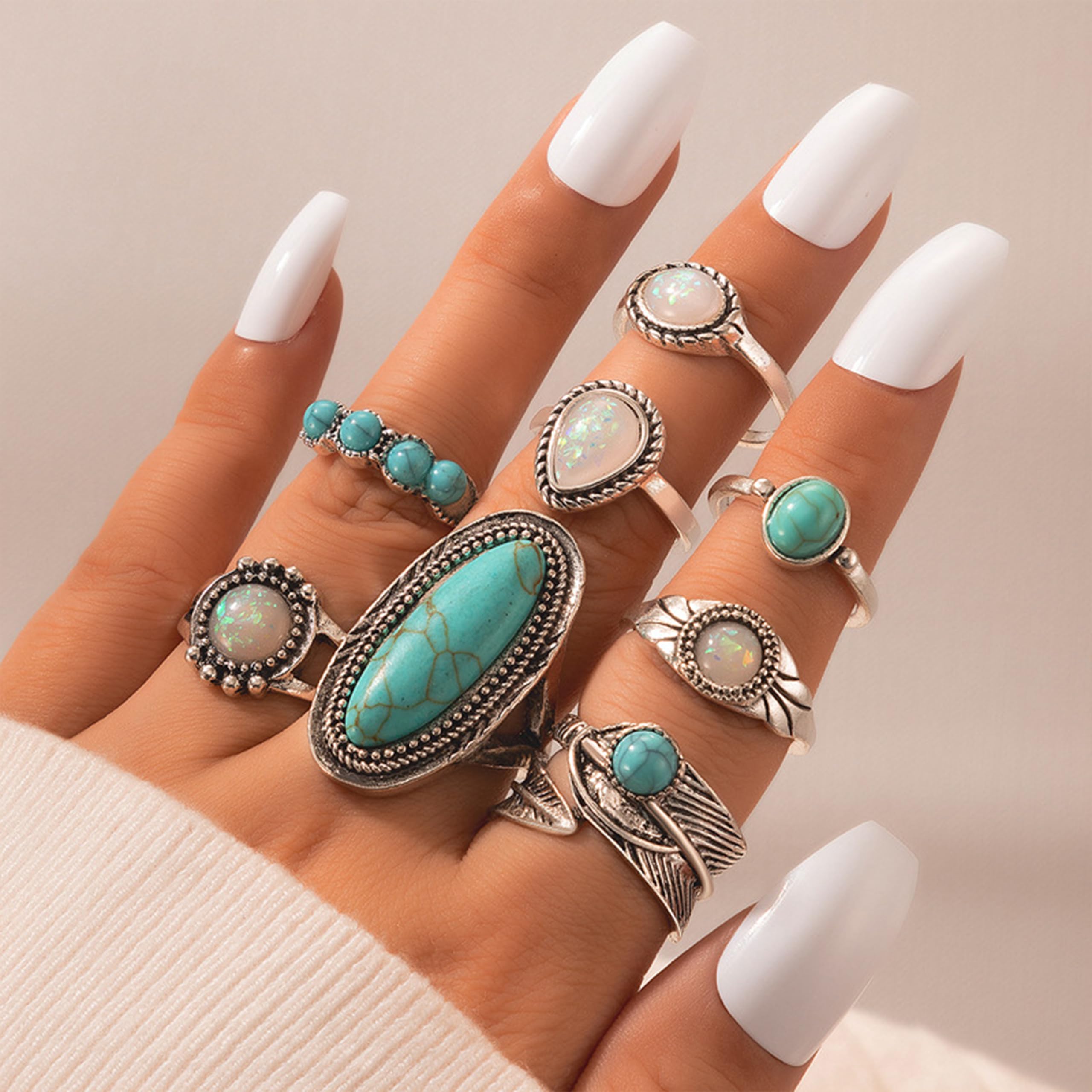 Harry and Henry Turquoise Ring Set - Vintage Western Jewelry for Women, Boho Stackable Knuckle Rings, Trendy Gemstone Jewelry | Perfect for Casual Wear, Music Festivals & Boho Fashion