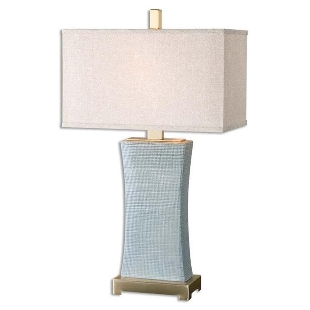 BOWERY HILL Modern Ceramic Blue Gray Table Lamp - Stylish Home Office Bedroom Lighting Decor for Living Room, Nightstand, and Workspace