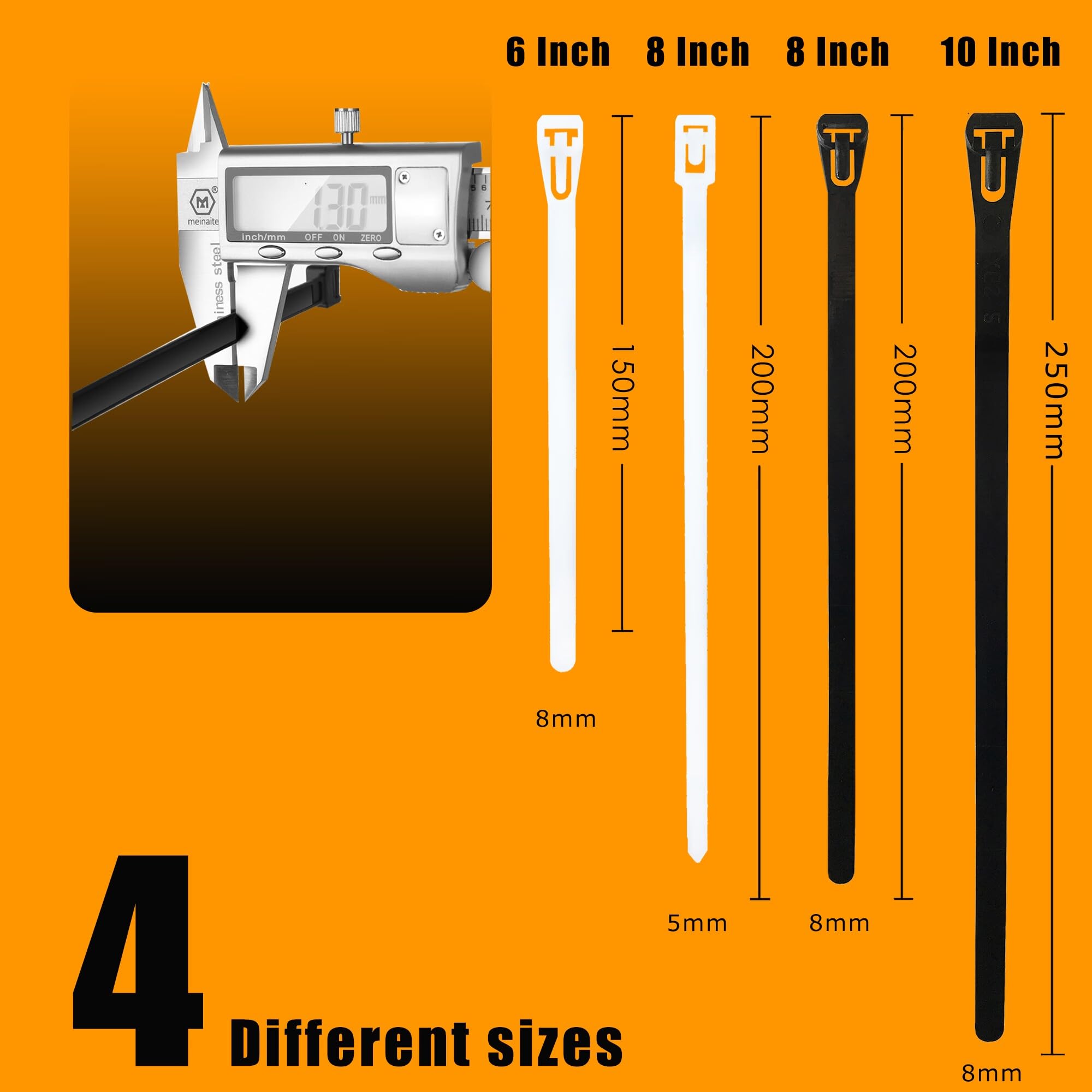 120 Lbs Tensile Strength Reusable Adjustable Nylon Cable Zip Ties - 100 PCS (6+8+10 Inch) Self-Locking Wire Ties for Electrical, Home & Office Organization - Heavy Duty Plastic Cord Management