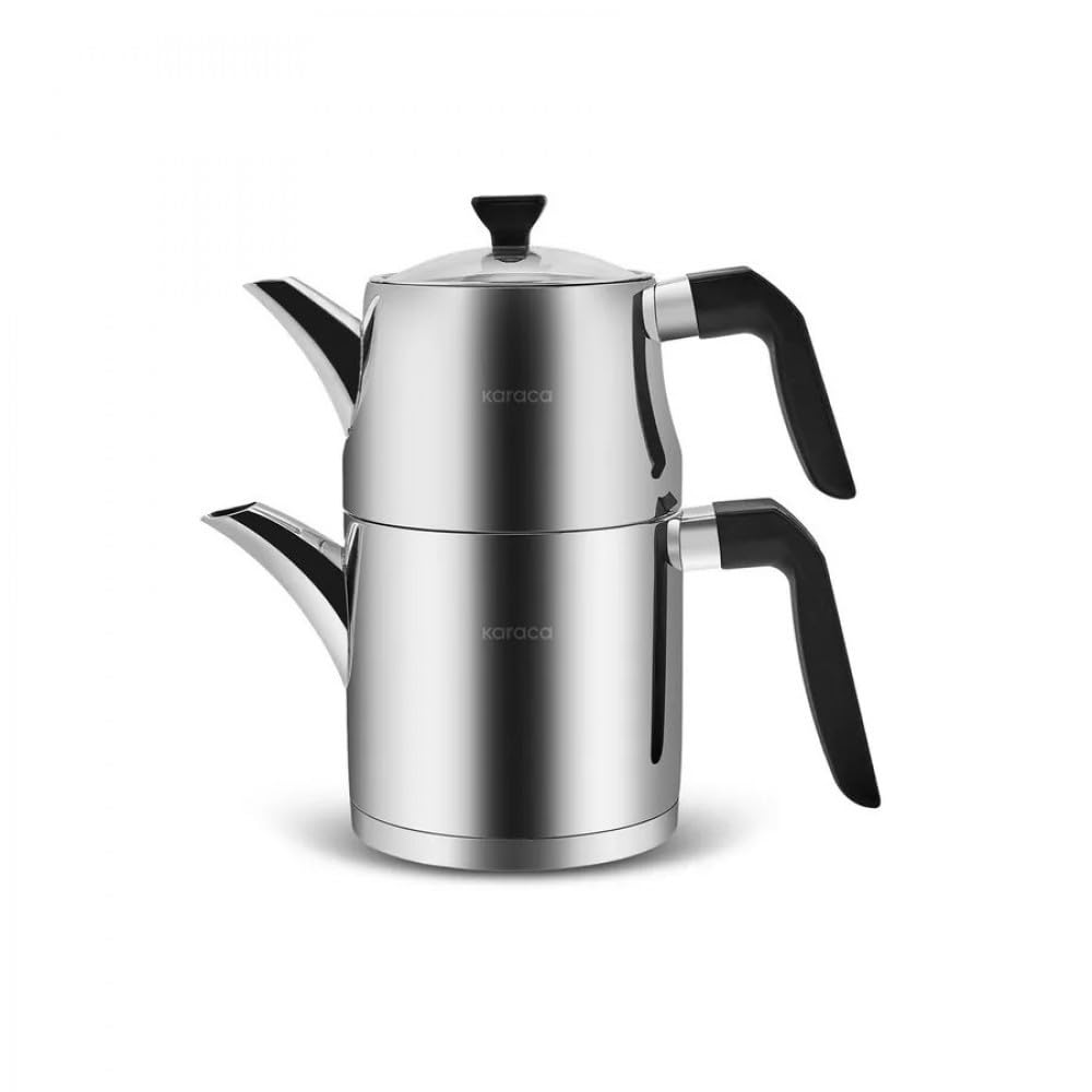 KARACA Çayeli Midi Stainless Steel Teapot Set - 1.4L (47oz) Induction Kettle with 0.7L (23oz) Teapot Lid, Ergonomic Design & Heat-Resistant Black Handles - Perfect for Tea Brewing, Home Kitchen Use & Gift Giving