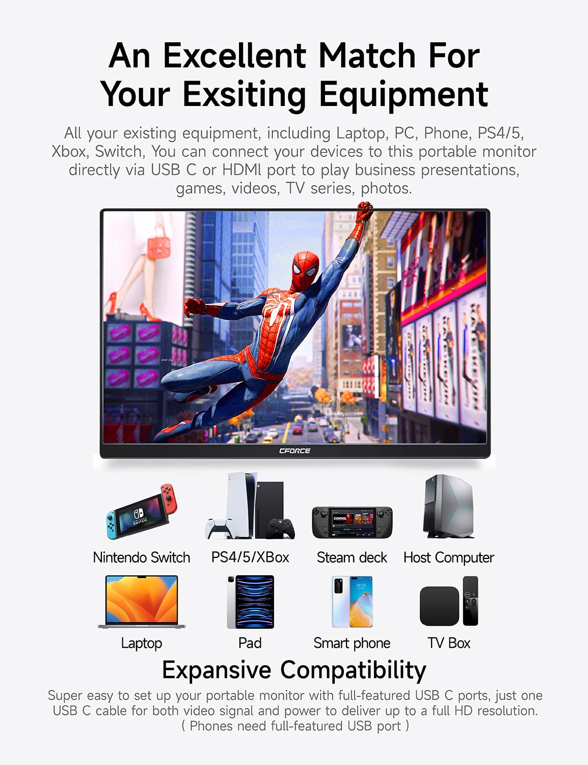 C-Force 15.6'' IPS Portable Monitor with 100% sRGB, USB-C, HDR, Built-in Speakers, Second External Display for Laptop, Mac, Phone, PS5, Xbox, Switch - Ideal for Gaming, Work, and Travel